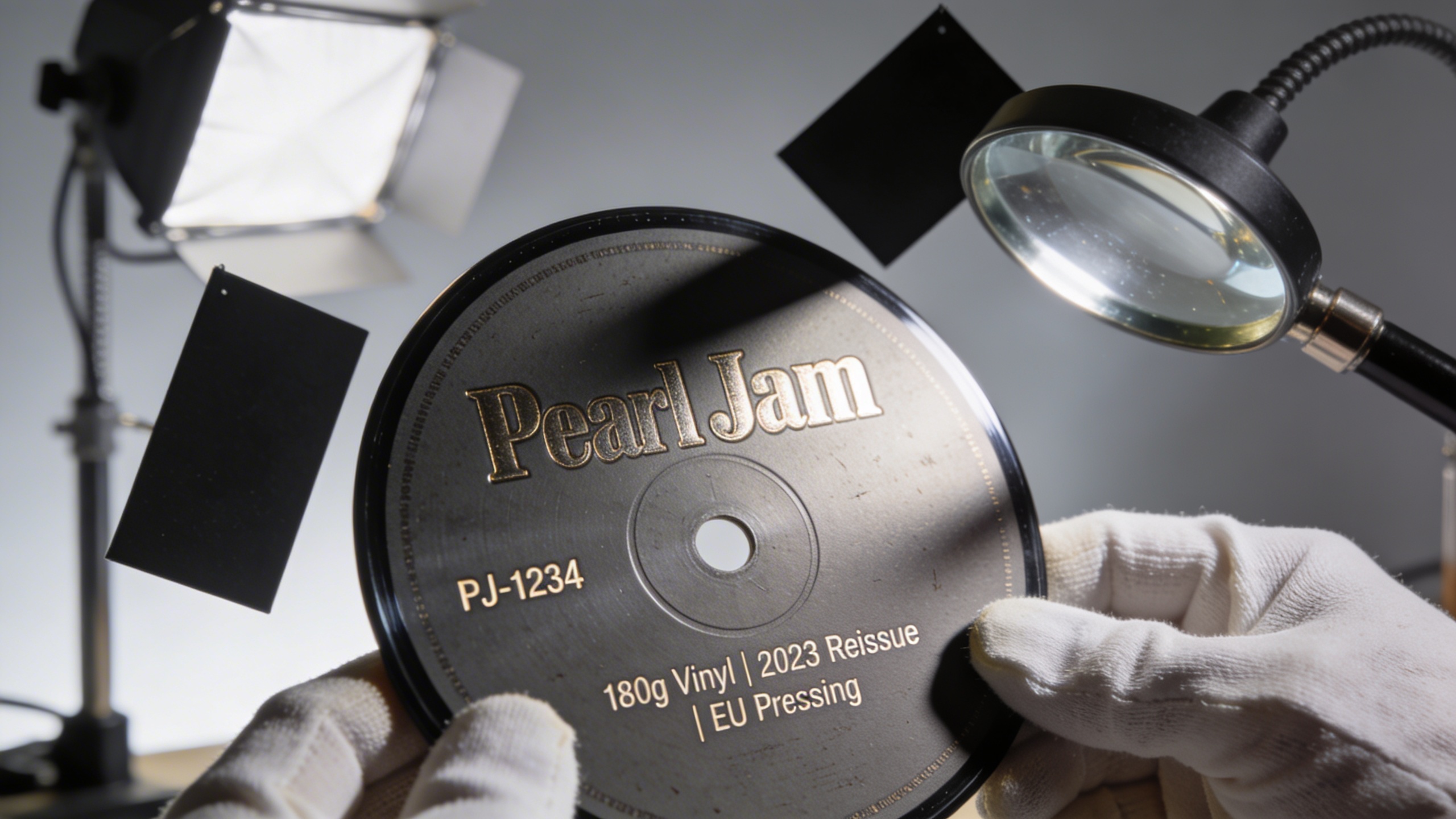 Photorealistic: Extreme close-up of Pearl Jam vinyl record label showing catalog number and pressing details, macro photography style with dramatic side lighting highlighting the label texture and typ