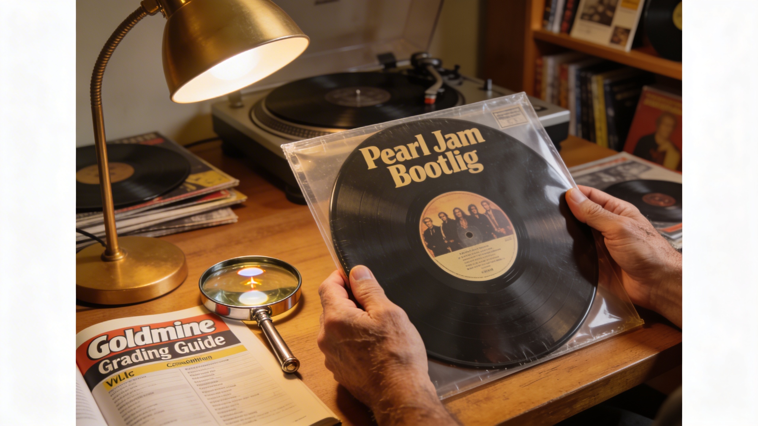 Photorealistic: Collector's hands carefully examining a Pearl Jam bootleg vinyl in protective sleeve, sitting at a desk with magnifying glass and Goldmine grading guide, warm desk lamp lighting, authe