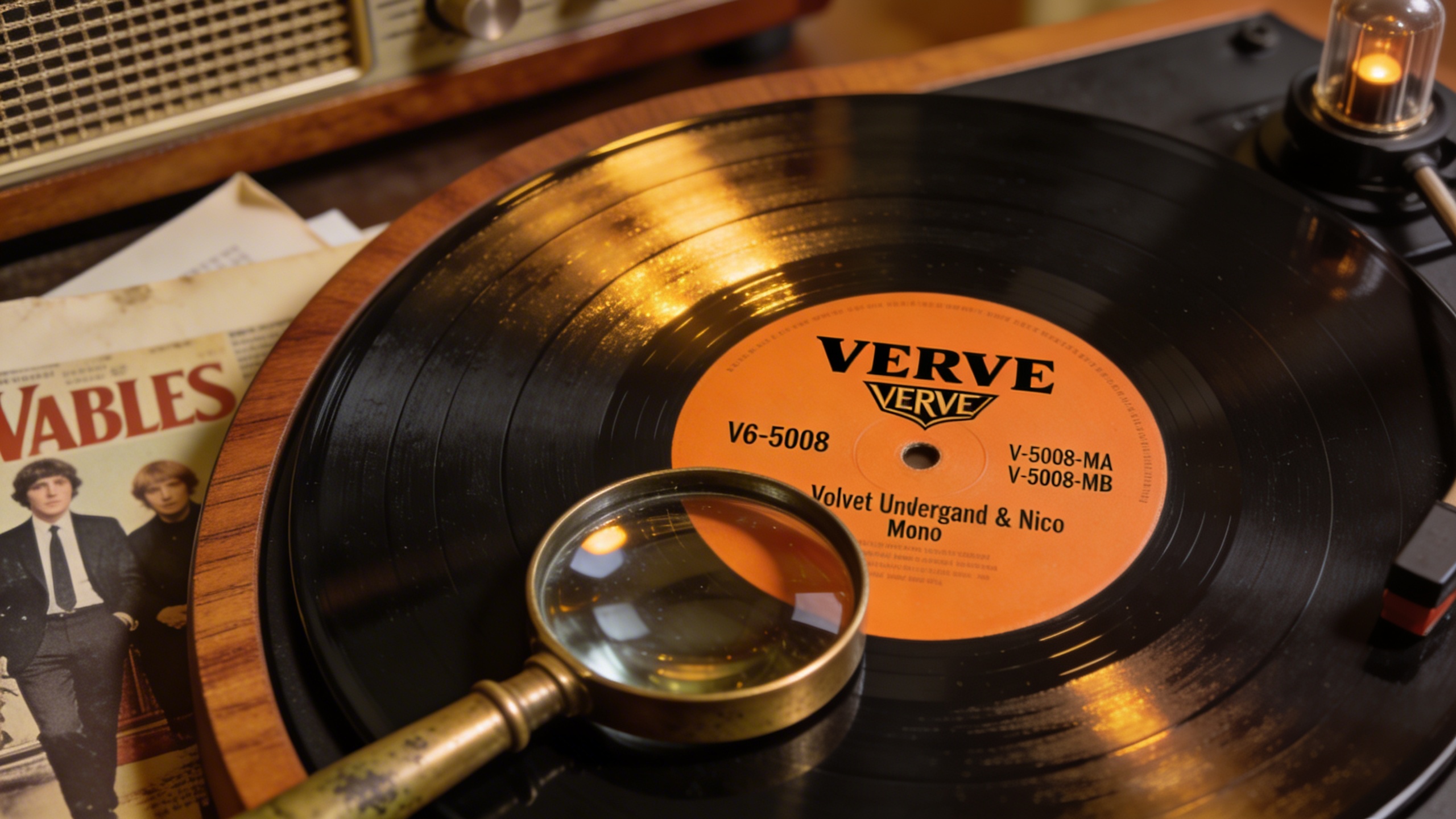 Photorealistic: Close-up of rare Velvet Underground & Nico mono pressing showing the distinctive Verve label and matrix numbers in deadwax, warm tungsten lighting highlighting the vinyl's deep grooves