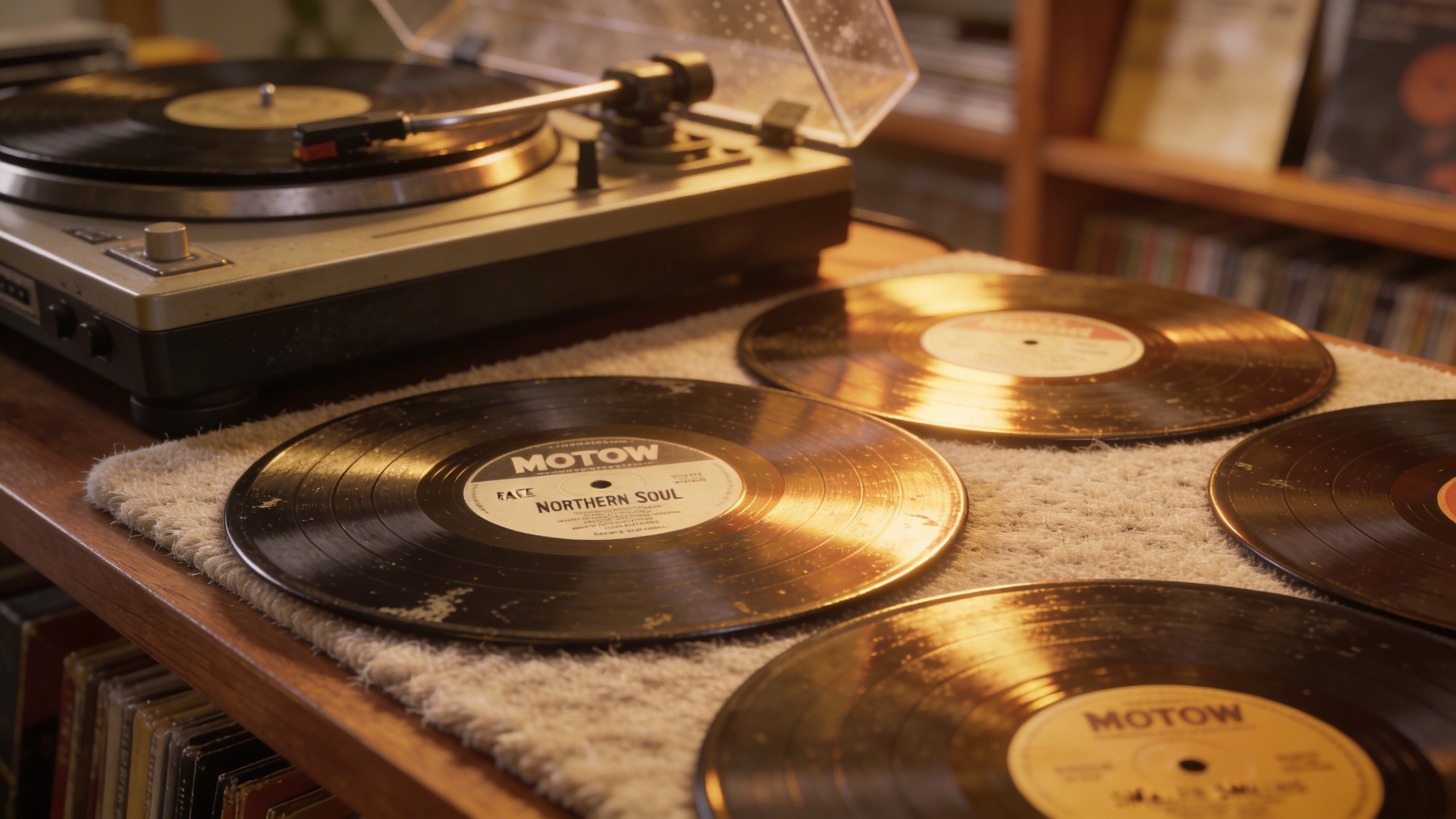 Photorealistic: Pristine Northern Soul 45rpm singles arranged on felt mat, focusing on rare Motown and smaller label 45s, warm amber lighting creating golden reflections on vinyl surfaces, authentic r