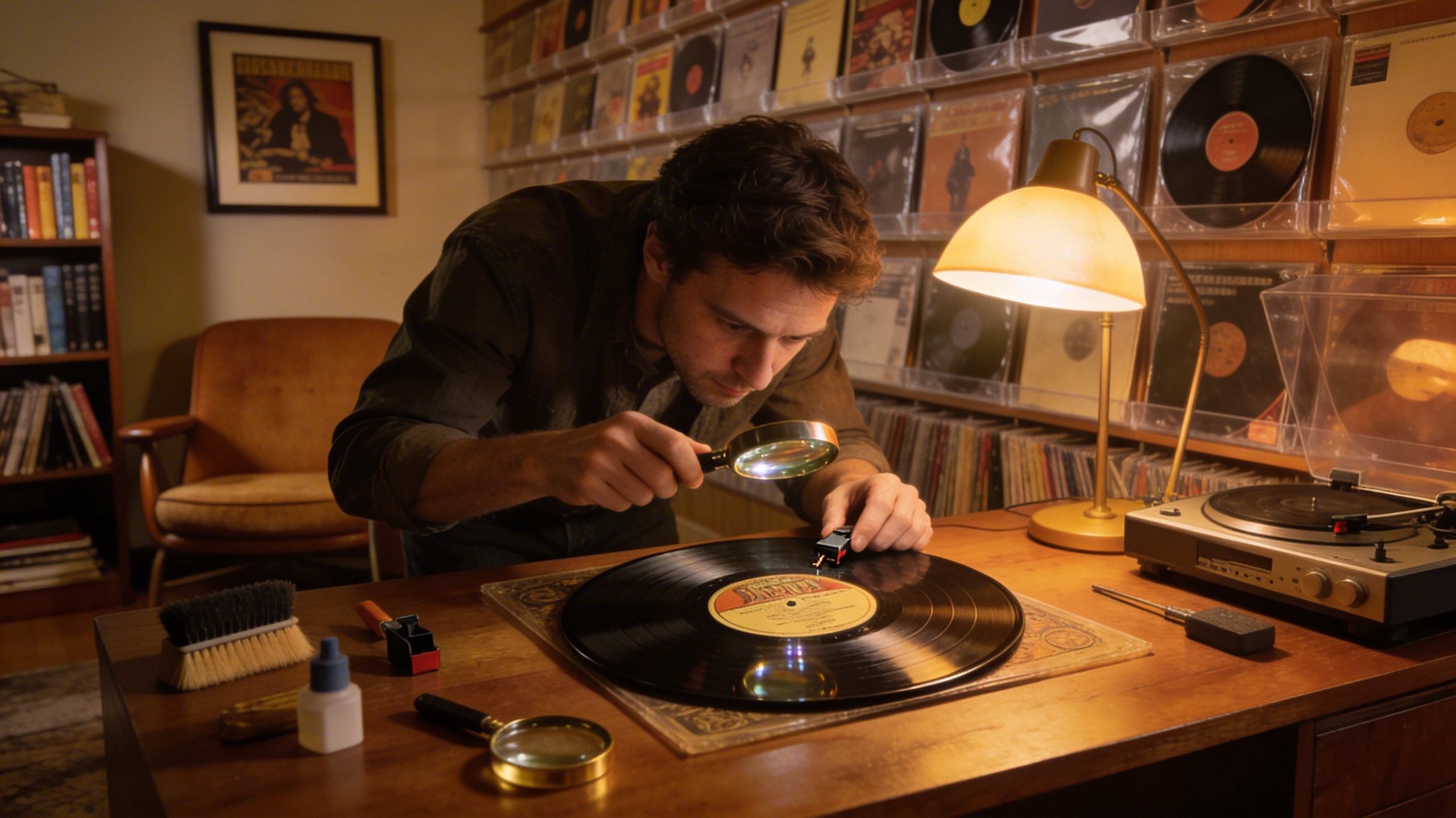 Photorealistic: Serious collector in cozy record room examining a rare pressing with jeweler's loupe, walls lined with organized vinyl collection, warm evening lighting from table lamp, authentic vint