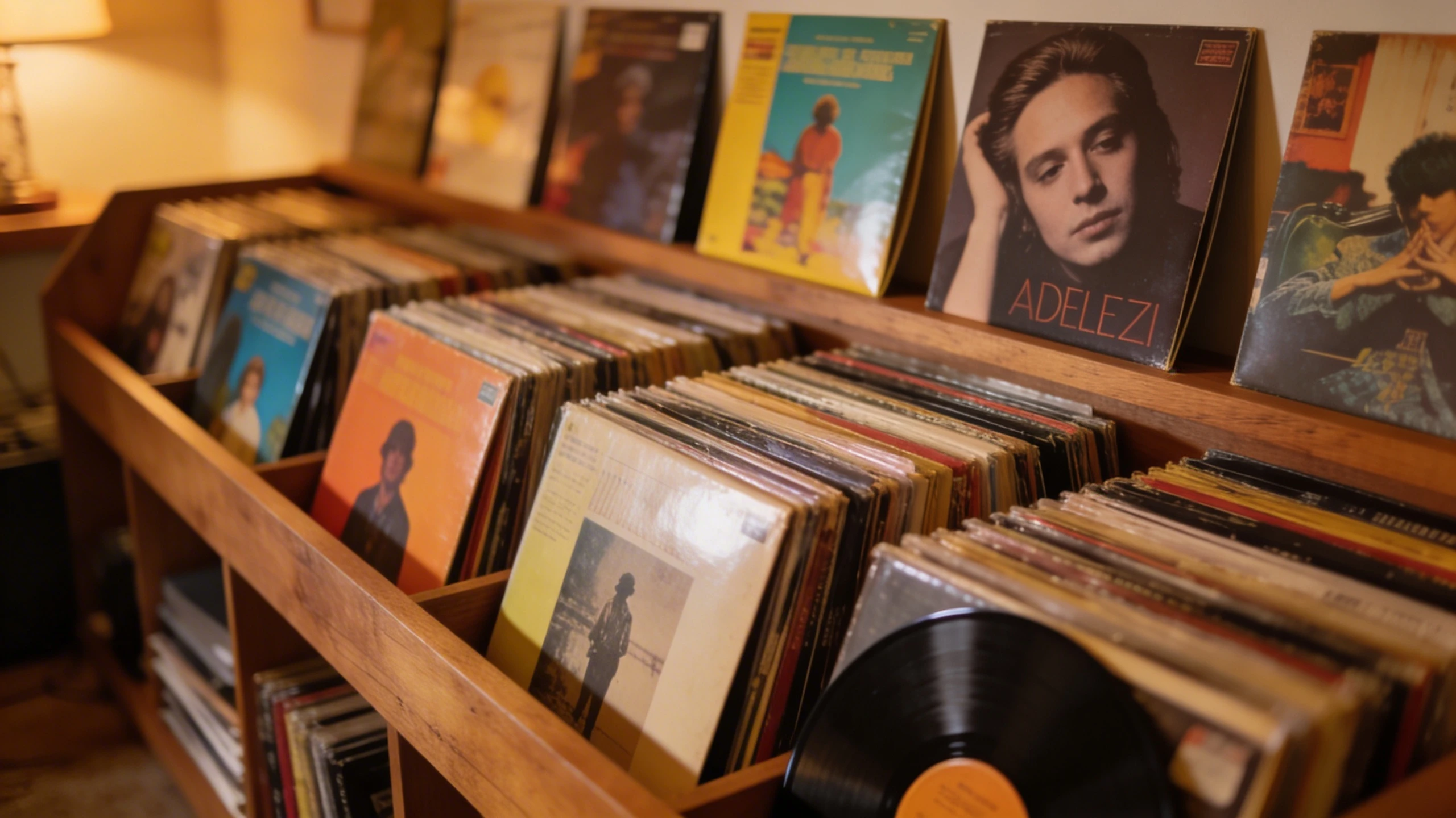 A home vinyl record collection in wooden crates, ready to sort, clean and value on National Vinyl Record Day