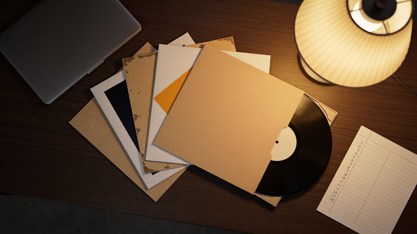 Rare vinyl LPs laid out beside a laptop and a handwritten price list for comparing record values