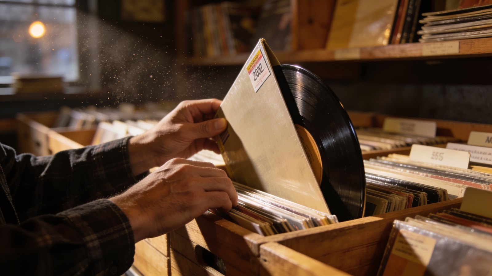 Collector digging through a crate of records in a shop, checking prices before buying