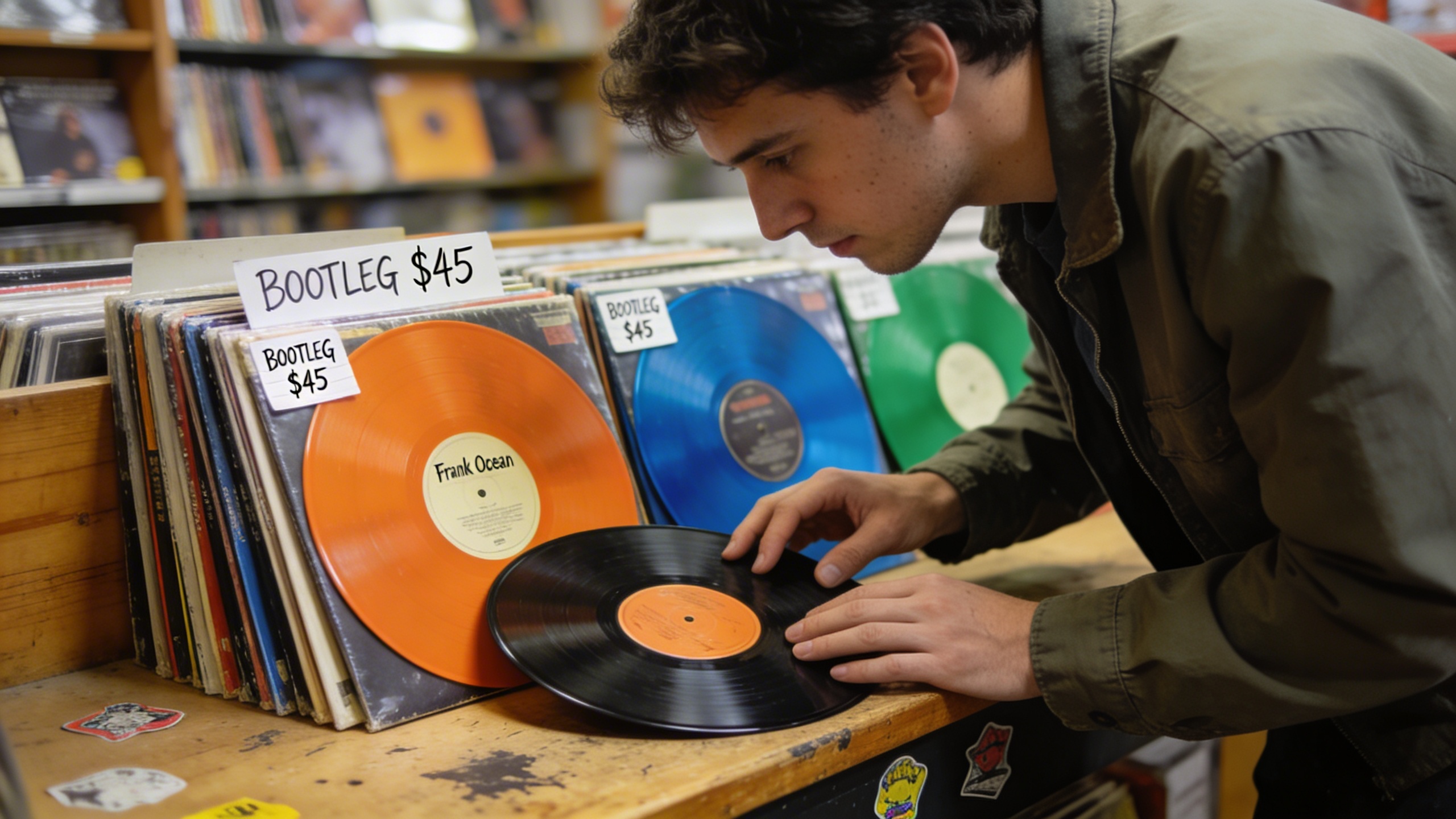 Photorealistic: Stack of Frank Ocean bootleg vinyl records on record store counter, various colored vinyl variants, price tags visible, warm fluorescent lighting, authentic record shop atmosphere, col