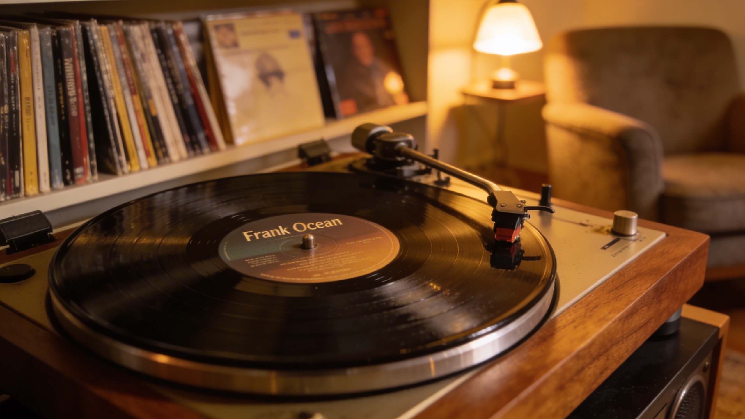 Photorealistic: Vintage turntable playing Frank Ocean vinyl, needle on record, warm ambient lighting, vinyl collection visible in background, cozy listening room setup, authentic audiophile aesthetic
