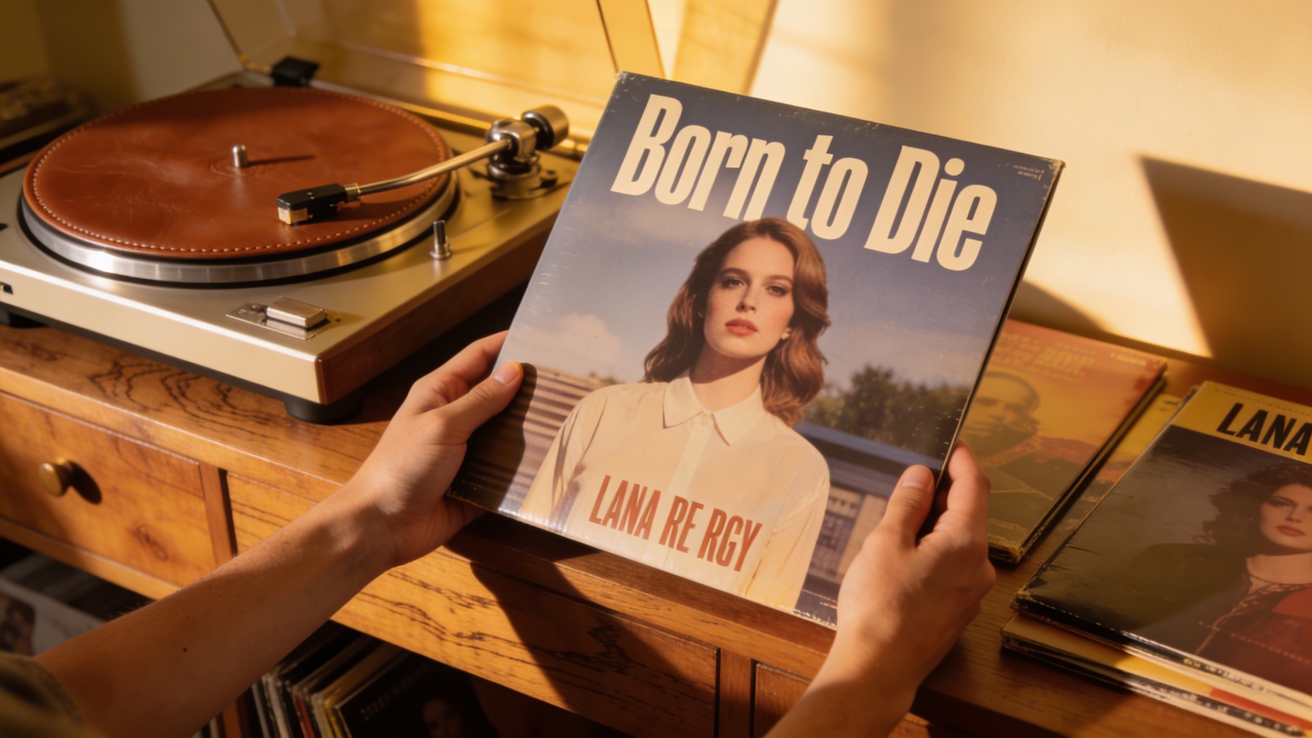 Photorealistic: Hands holding Born to Die vinyl record showing the iconic cover art, surrounded by other essential Lana albums on a collector's desk, warm golden hour lighting, vintage turntable in ba