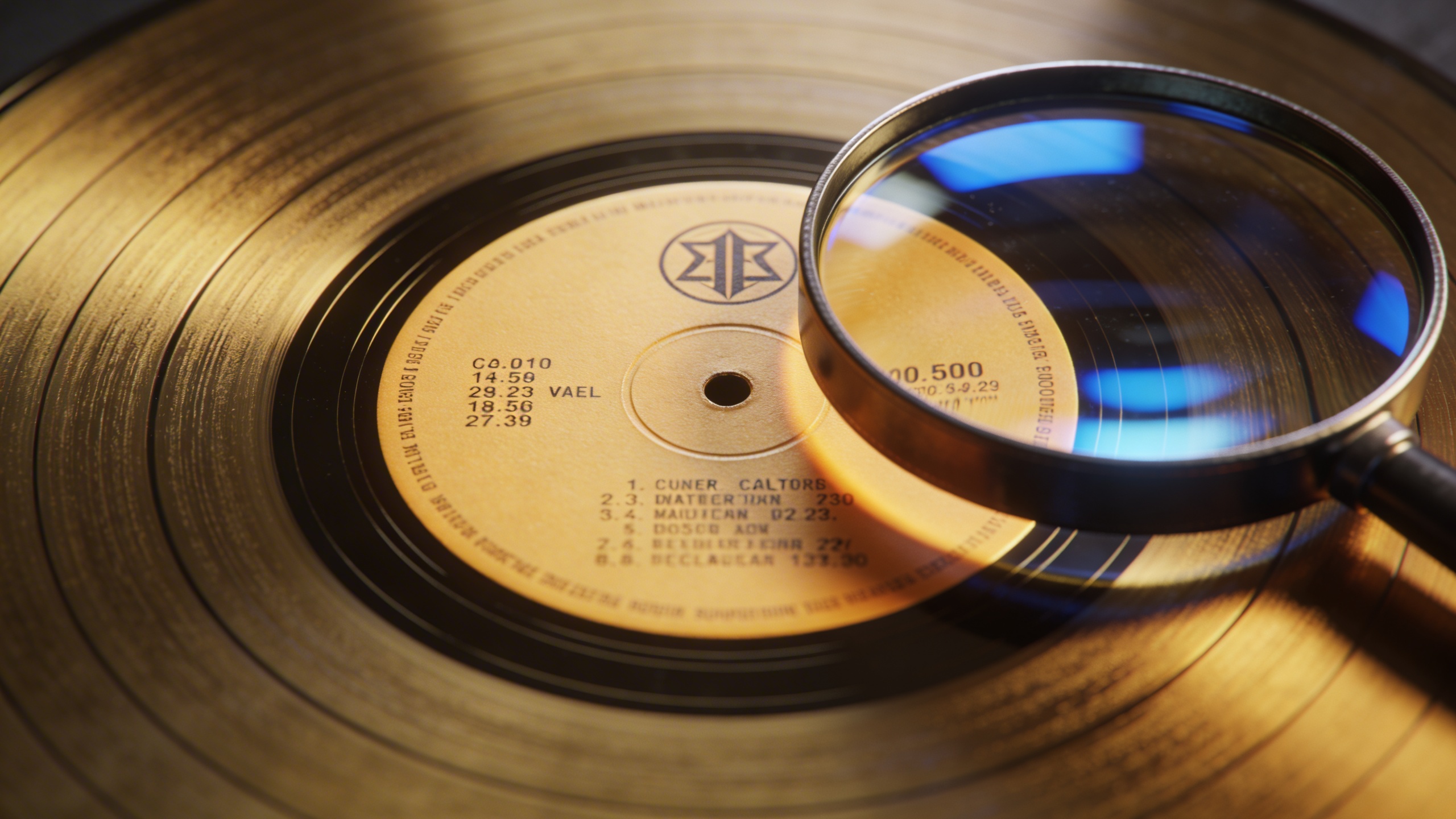 Photorealistic: Extreme close-up of vinyl record label showing matrix numbers and pressing details, magnifying glass nearby, detailed texture of vinyl grooves, professional lighting highlighting the l