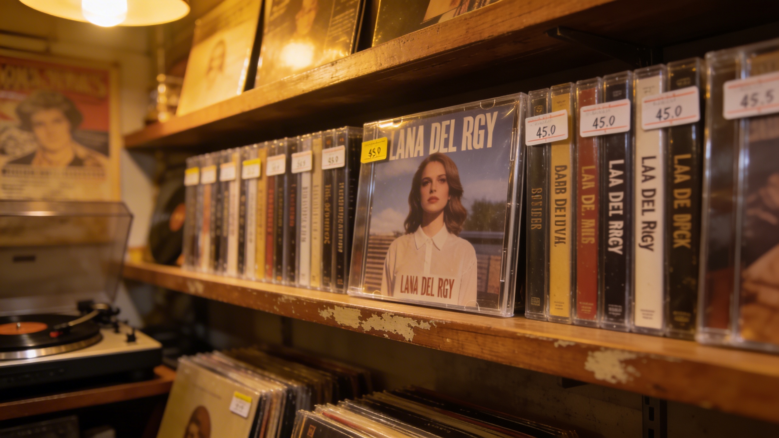 Photorealistic: Organized vinyl collection shelf featuring complete Lana Del Rey discography in protective sleeves, price tags visible, record store or collector's room ambiance, warm overhead lightin