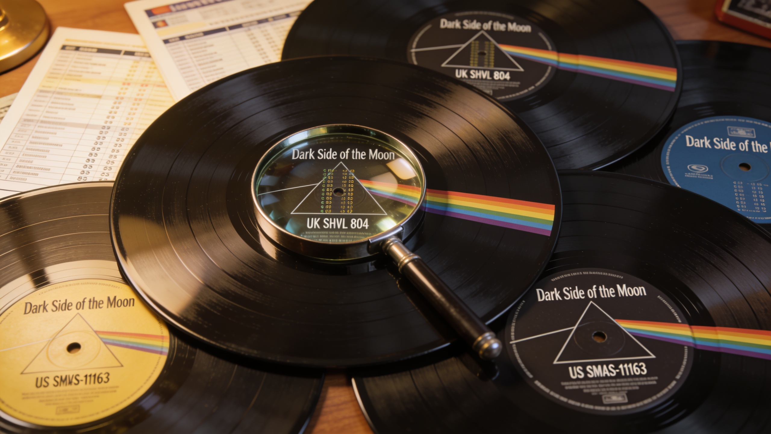 Photorealistic: Multiple Dark Side of the Moon vinyl records laid out showing different pressing variations, UK SHVL 804 and US SMAS-11163 labels clearly visible, magnifying glass examining matrix cod