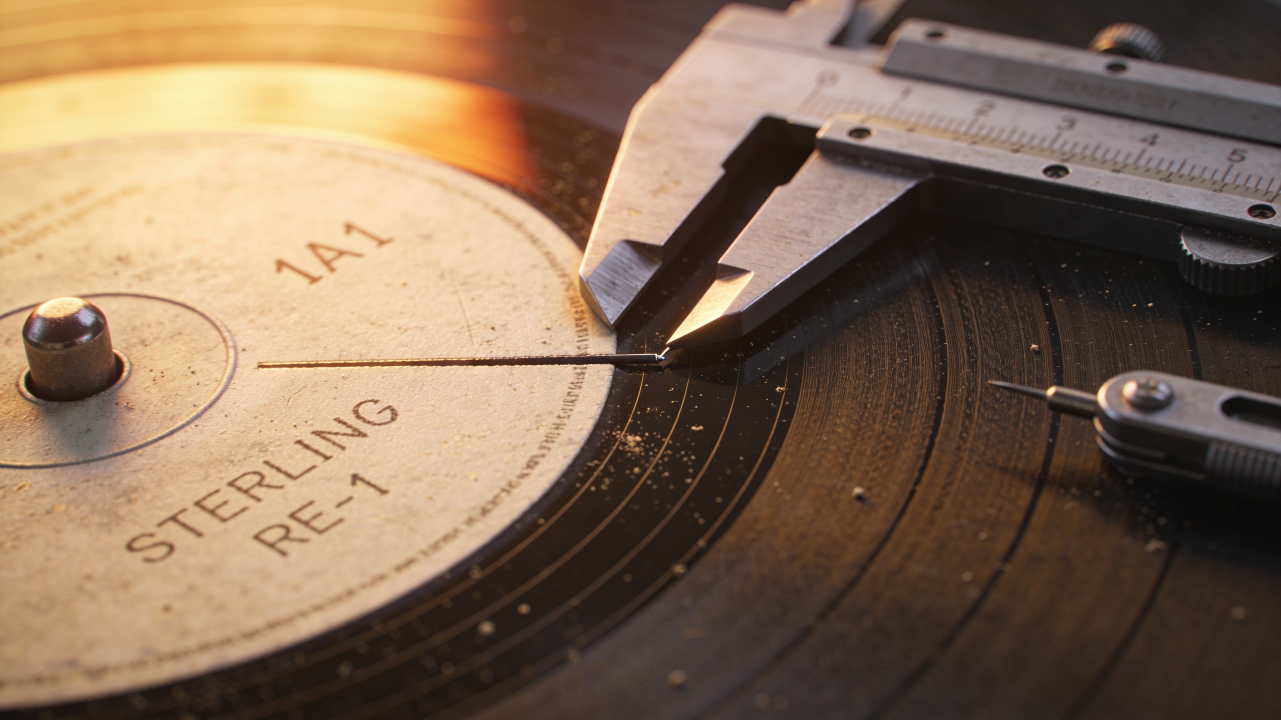 Photorealistic: Extreme close-up of vinyl record matrix area showing hand-etched codes, stylus tracking across the lead-in groove, macro photography detail, golden hour lighting, technical identificat