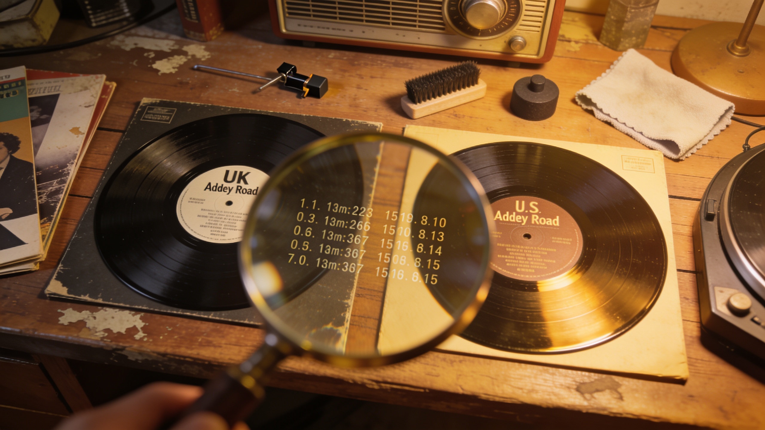 Photorealistic: Side-by-side comparison of UK and US Abbey Road vinyl labels on wooden surface, magnifying glass examining matrix numbers, warm incandescent lighting, vintage record collecting tools s