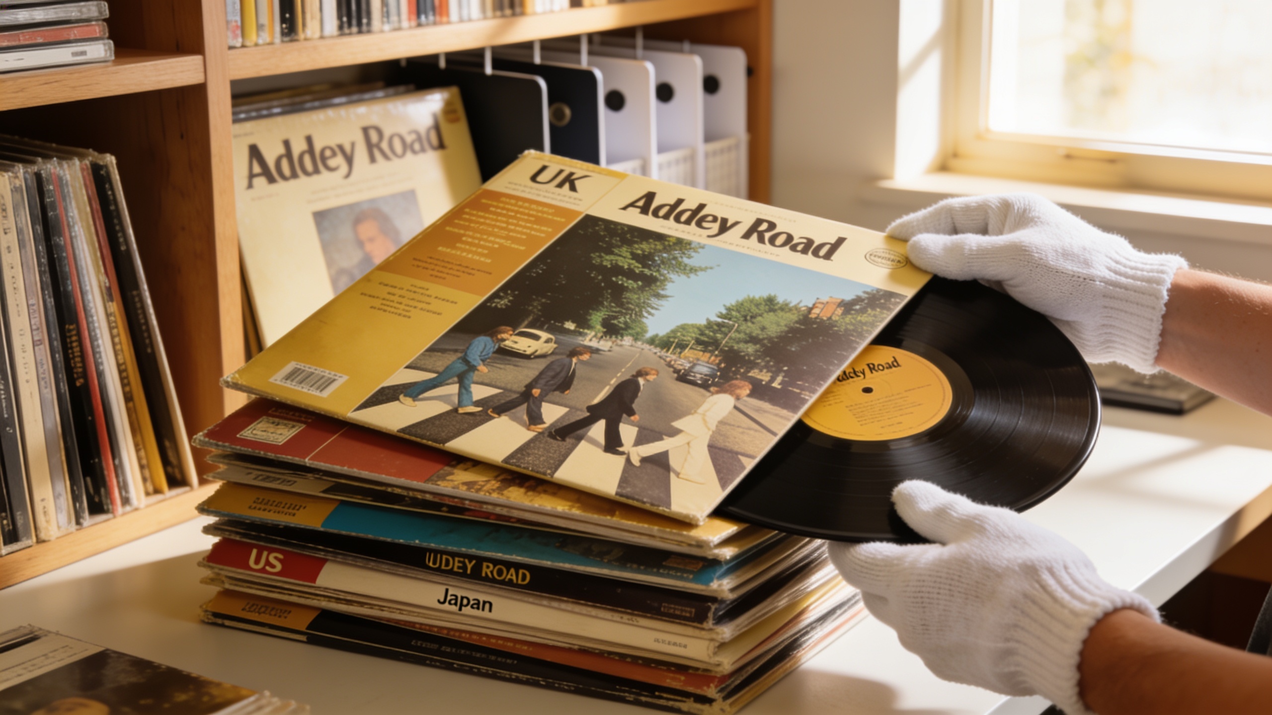Photorealistic: Stack of different Abbey Road pressings showing various international labels and cover variations, soft natural lighting from window, collector's hands carefully handling records with 