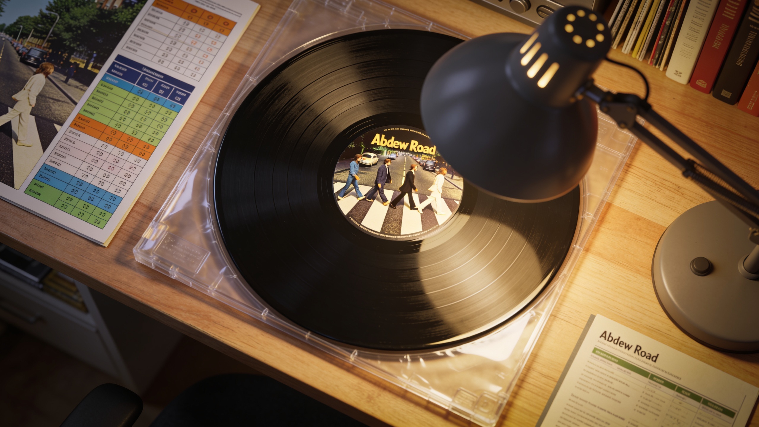 Photorealistic: Abbey Road vinyl in protective sleeve being examined for condition, grading chart visible on desk, warm desk lamp lighting, professional collector's workspace with price guides and ref