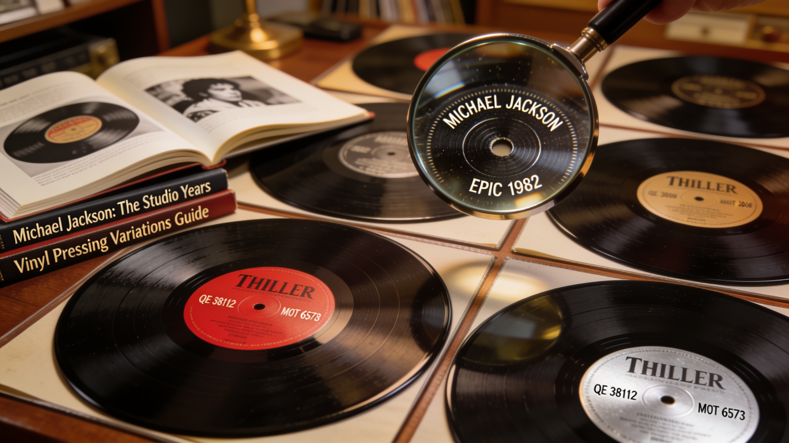Photorealistic: Multiple Thriller vinyl records laid out showing different pressing variations, catalog numbers visible on labels, magnifying glass examining dead wax etchings, warm studio lighting, c