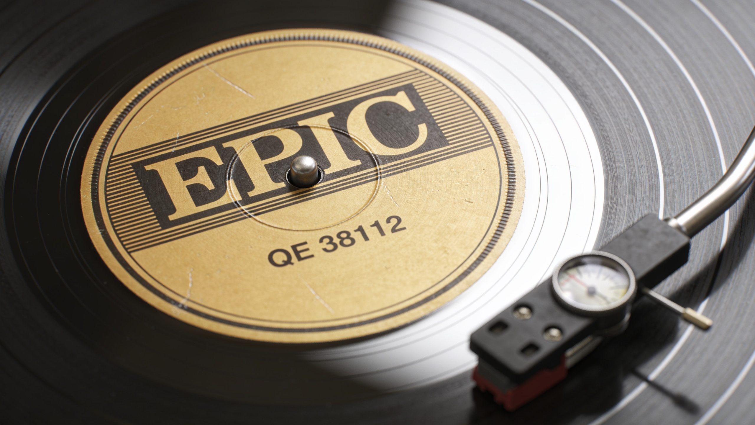 Photorealistic: Detailed macro shot of Thriller vinyl label showing Epic Records logo and catalog number QE 38112, perfect lighting highlighting text clarity, professional grading tools nearby, authen