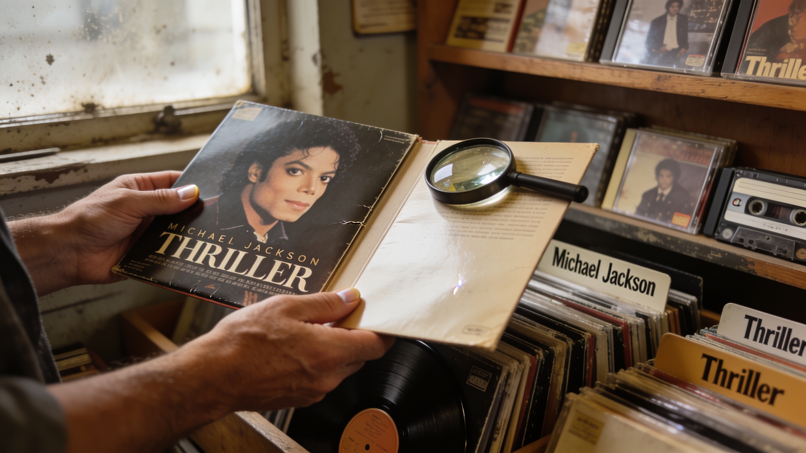 Photorealistic: Collector's hands carefully examining Thriller gatefold sleeve for condition issues, vintage record store interior background, warm natural lighting, multiple Thriller pressings visibl