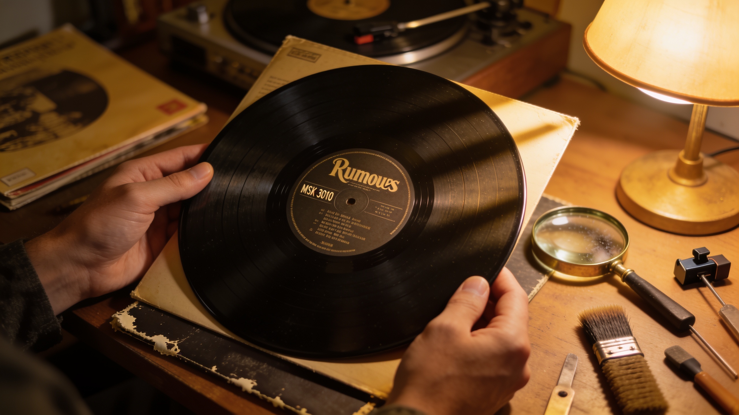 Photorealistic: Hands holding original Rumours vinyl showing MSK 3010 catalog number and matrix etchings in dead wax area, magnifying glass nearby, warm desk lamp lighting, vintage record collecting t