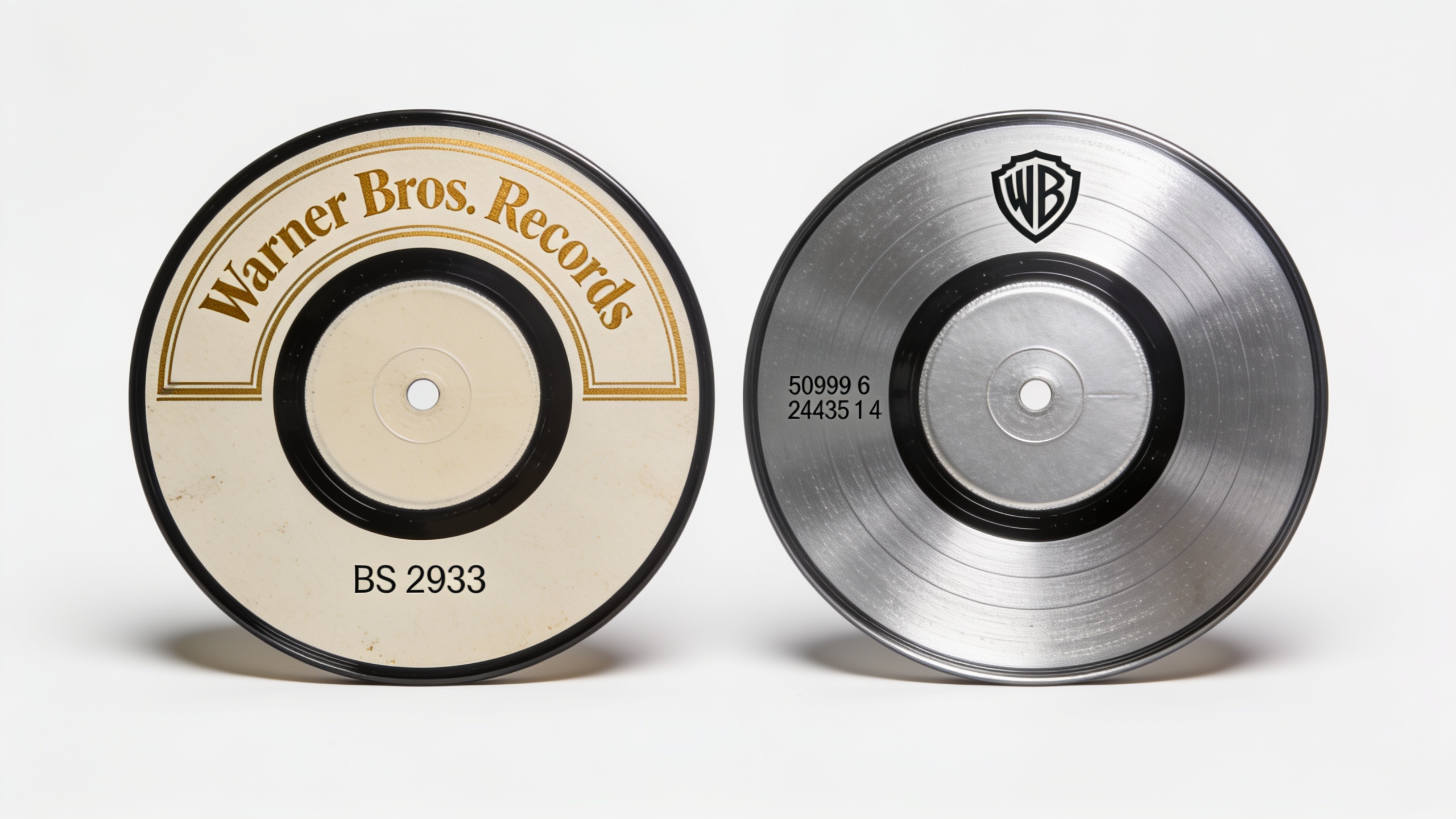 Photorealistic: Side-by-side comparison of original Warner Bros Rumours pressing next to reissue, showing label differences and catalog numbers, professional lighting highlighting text details, clean 