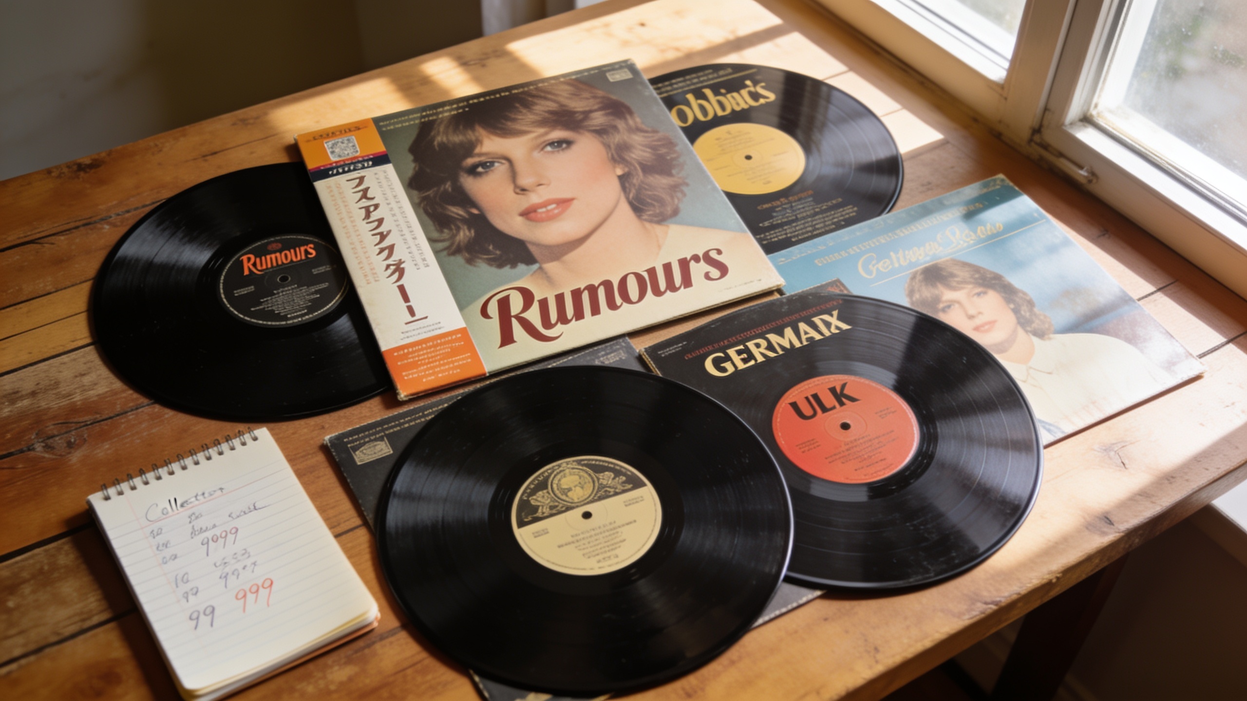 Photorealistic: Rumours vinyl collection spread on wooden table showing various international pressings, Japanese obi strip visible, German and UK variants, warm natural lighting from window, collecto