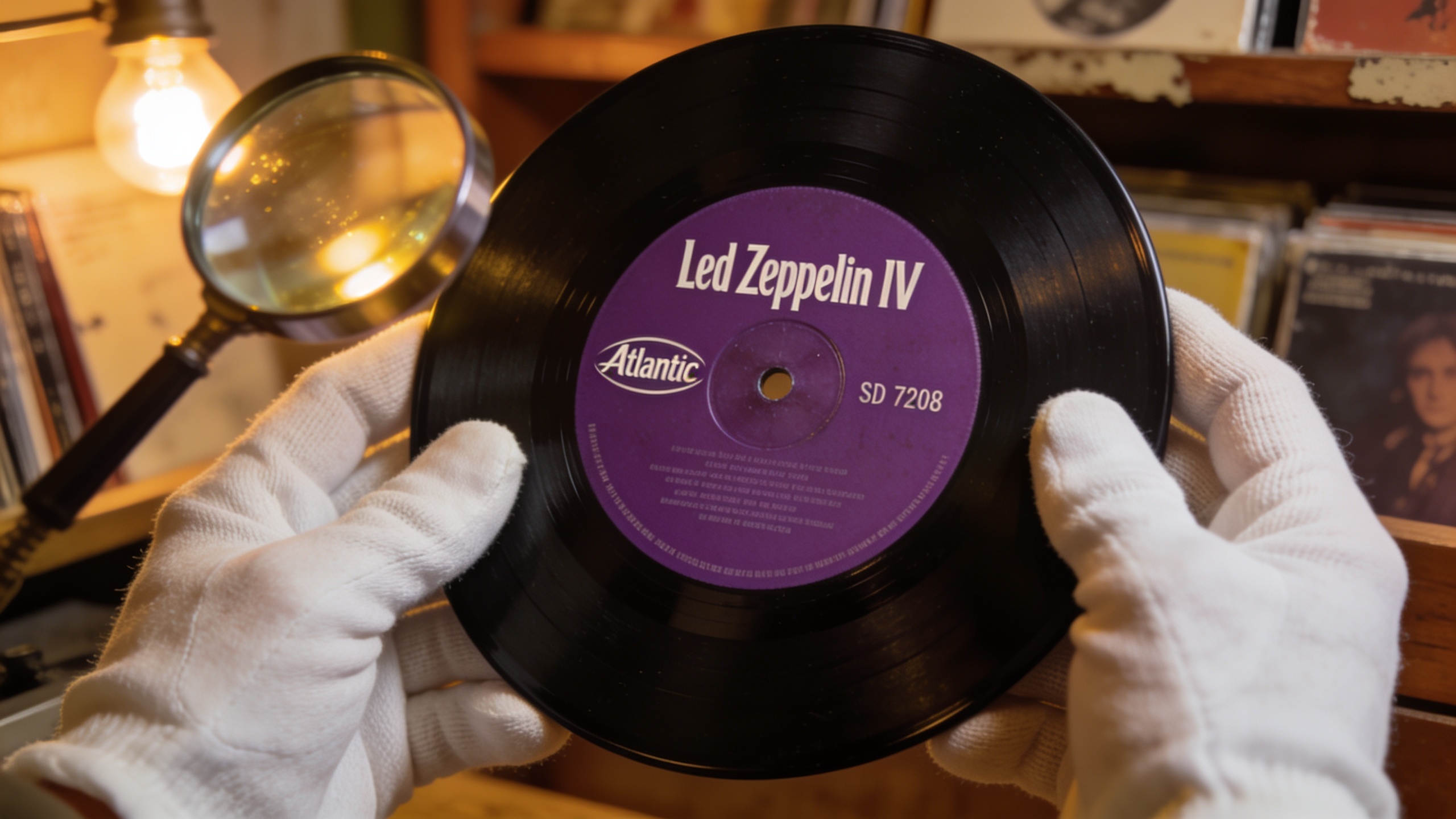 Photorealistic: Extreme close-up of Led Zeppelin IV vinyl record label showing Atlantic plum label design, matrix numbers visible in deadwax area, magnifying glass nearby, warm incandescent lighting, 