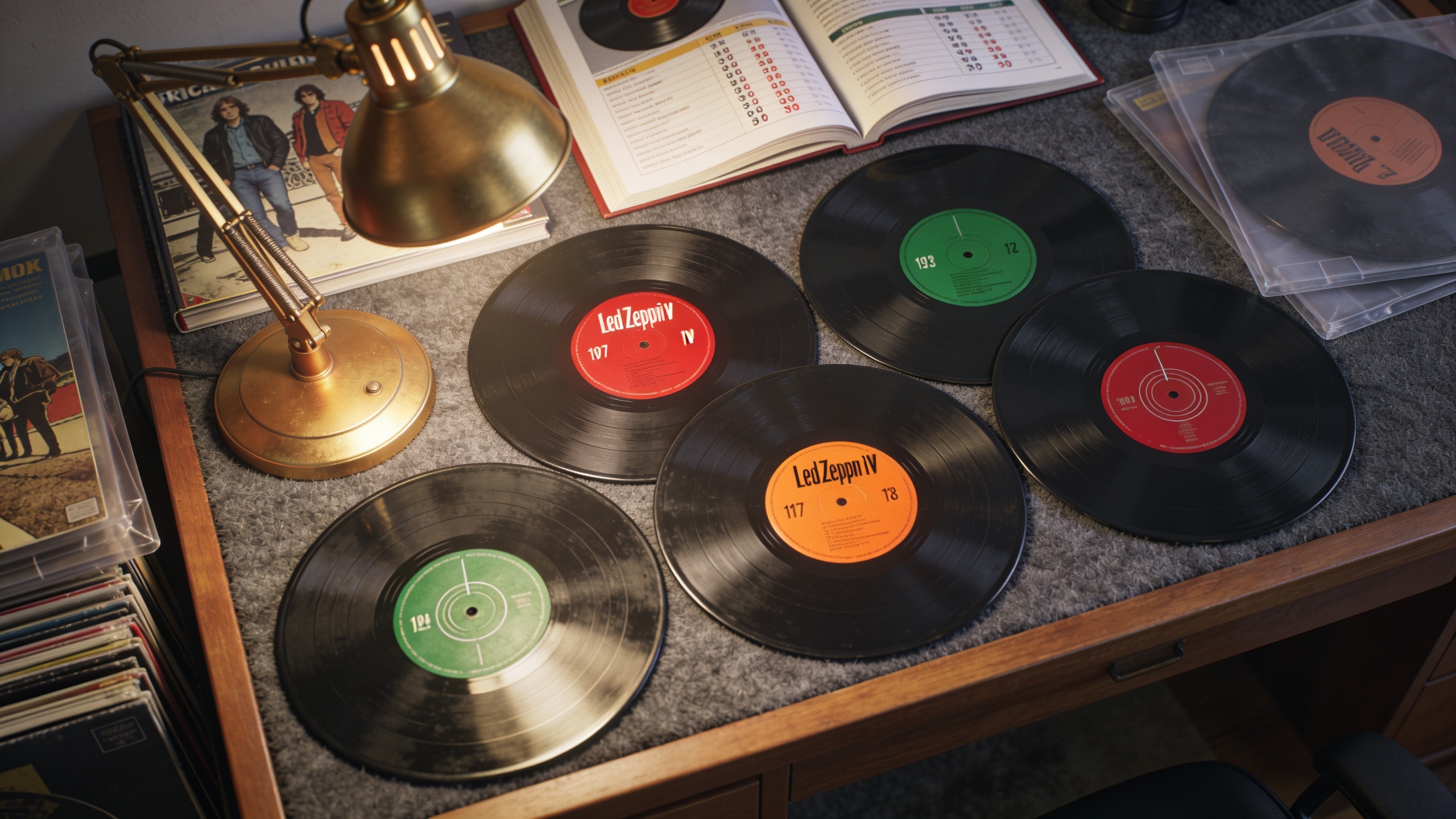 Photorealistic: Multiple Led Zeppelin IV vinyl variants laid out on felt-lined collector's table, showing different label colors and pressing variations, price guide books open nearby, warm desk lamp 