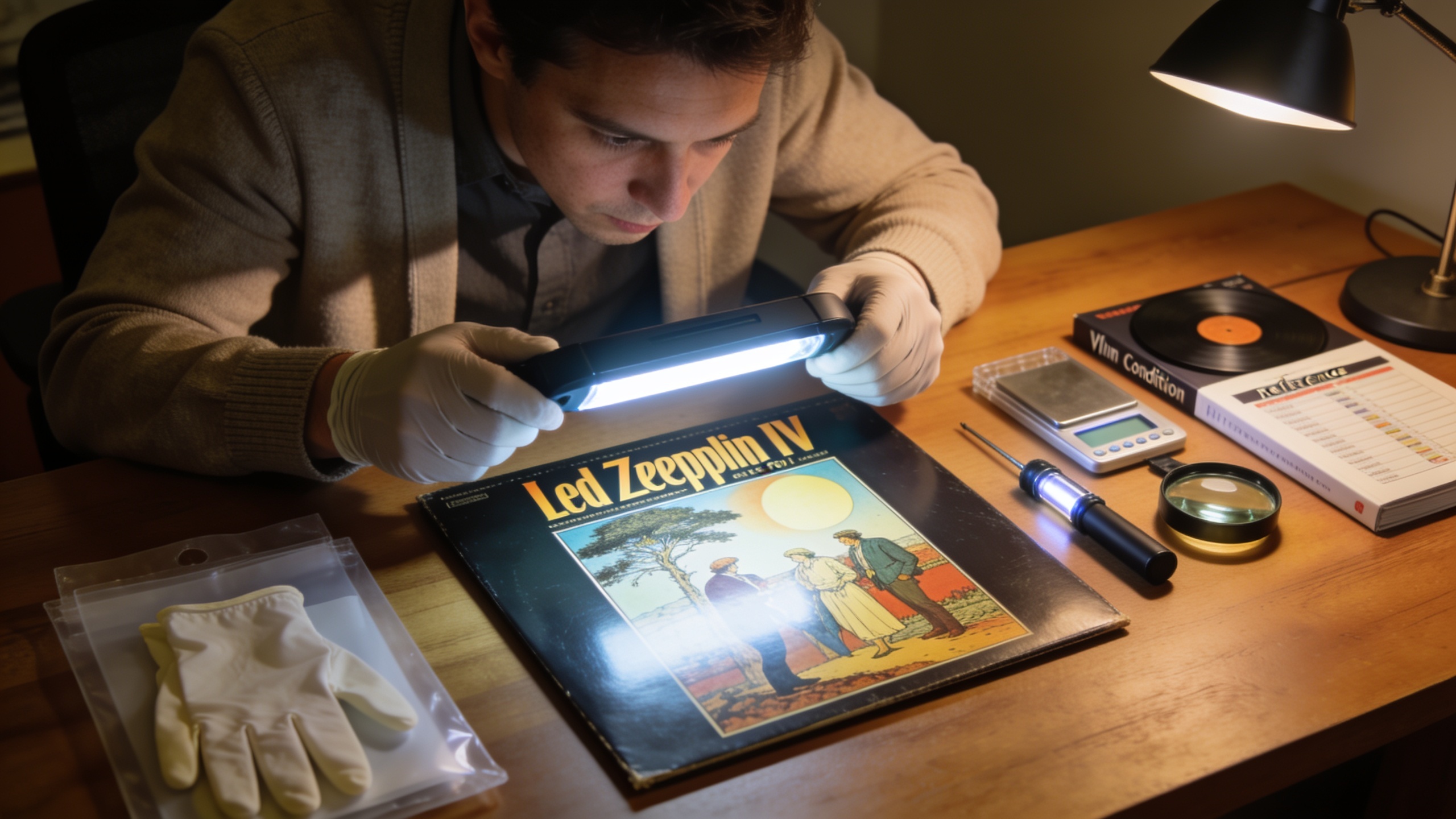 Photorealistic: Collector examining Led Zeppelin IV gatefold artwork under bright LED magnifier, showing condition assessment process, grading tools and reference materials on desk, professional colle