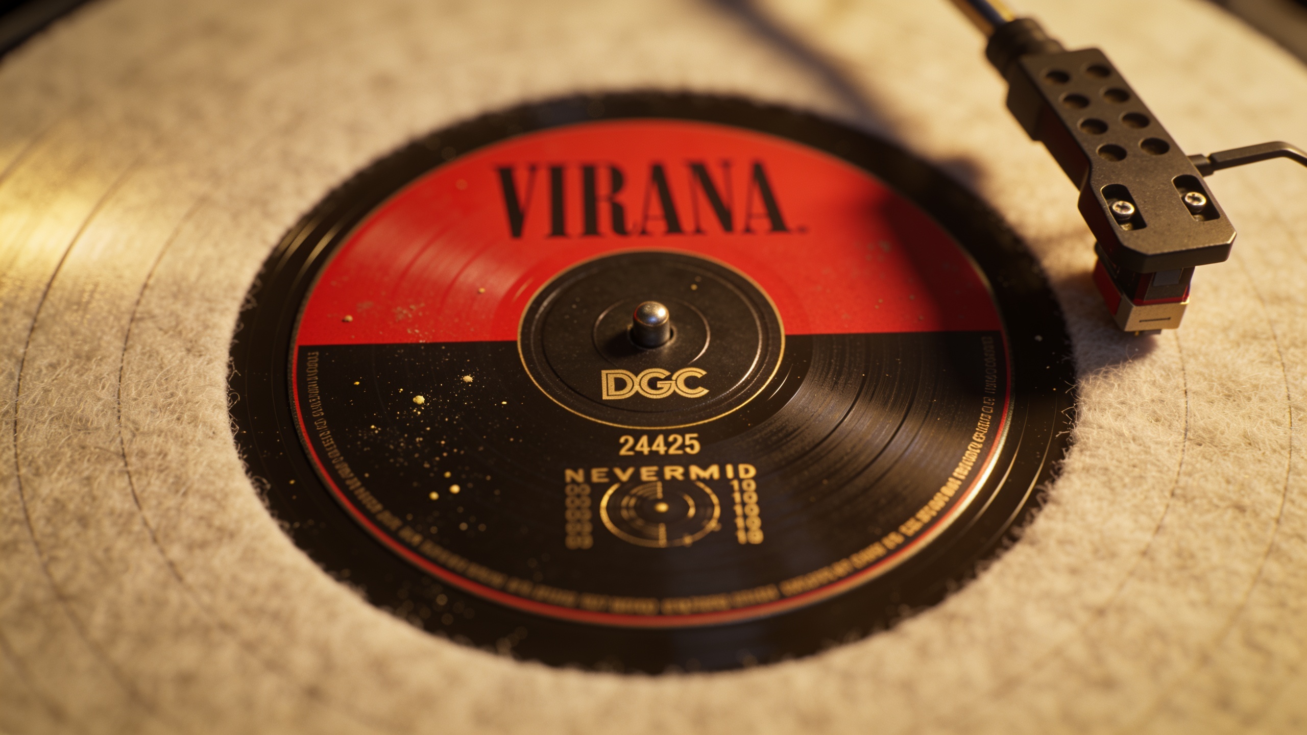Photorealistic: Detailed macro shot of DGC record label on Nevermind vinyl showing catalog number 24425 and matrix area, warm studio lighting highlighting the label details, sitting on a felt turntabl