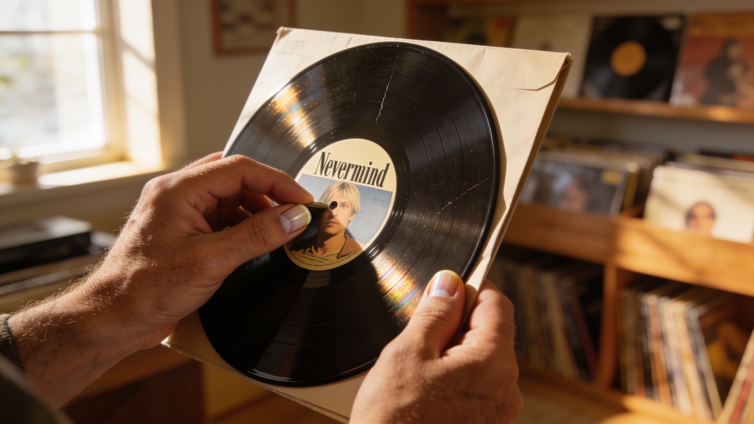 Photorealistic: Hands of a vinyl collector carefully examining a Nevermind record for condition issues, holding it up to natural window light, showing proper handling technique, cozy record room setti