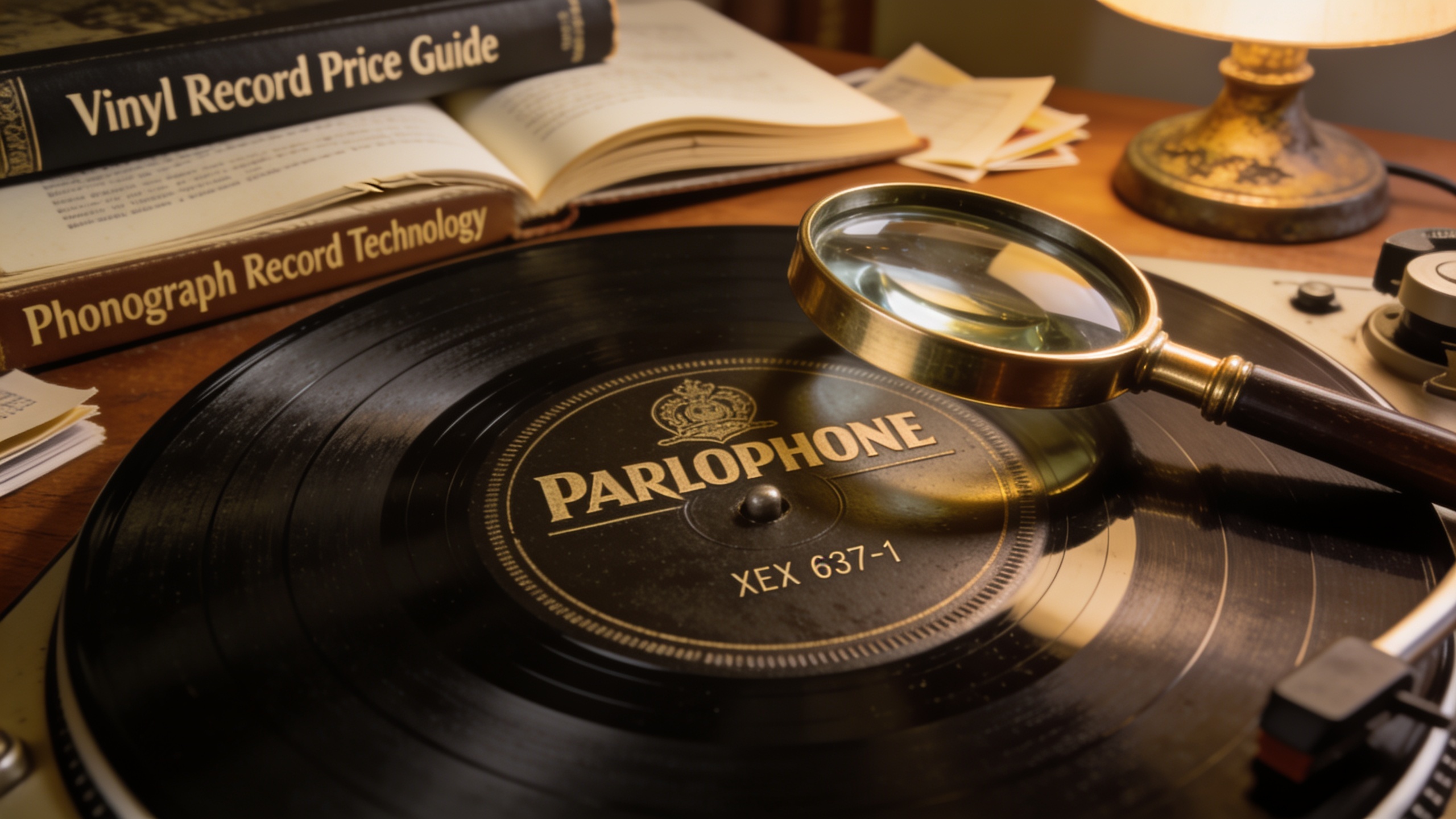 Photorealistic: Detailed macro shot of vinyl record label showing Parlophone logo and matrix numbers in dead wax area, magnifying glass nearby, warm desk lamp lighting, collector's workspace with refe