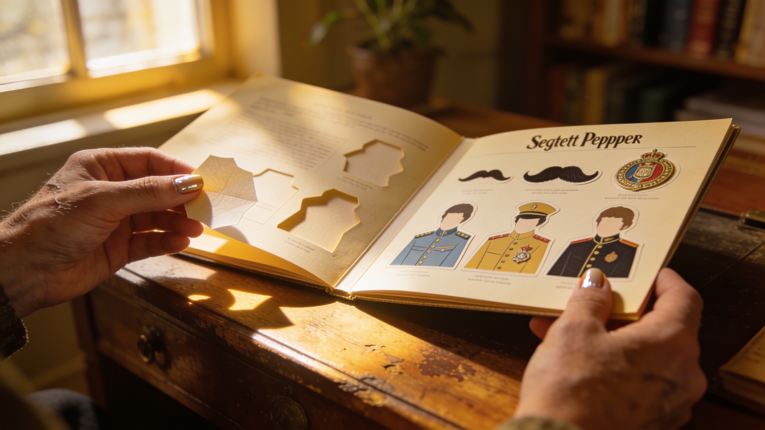 Photorealistic: Sgt. Pepper's gatefold album opened displaying original cutout sheets, vintage wooden desk surface, soft natural lighting from window, collector's hands carefully handling the delicate
