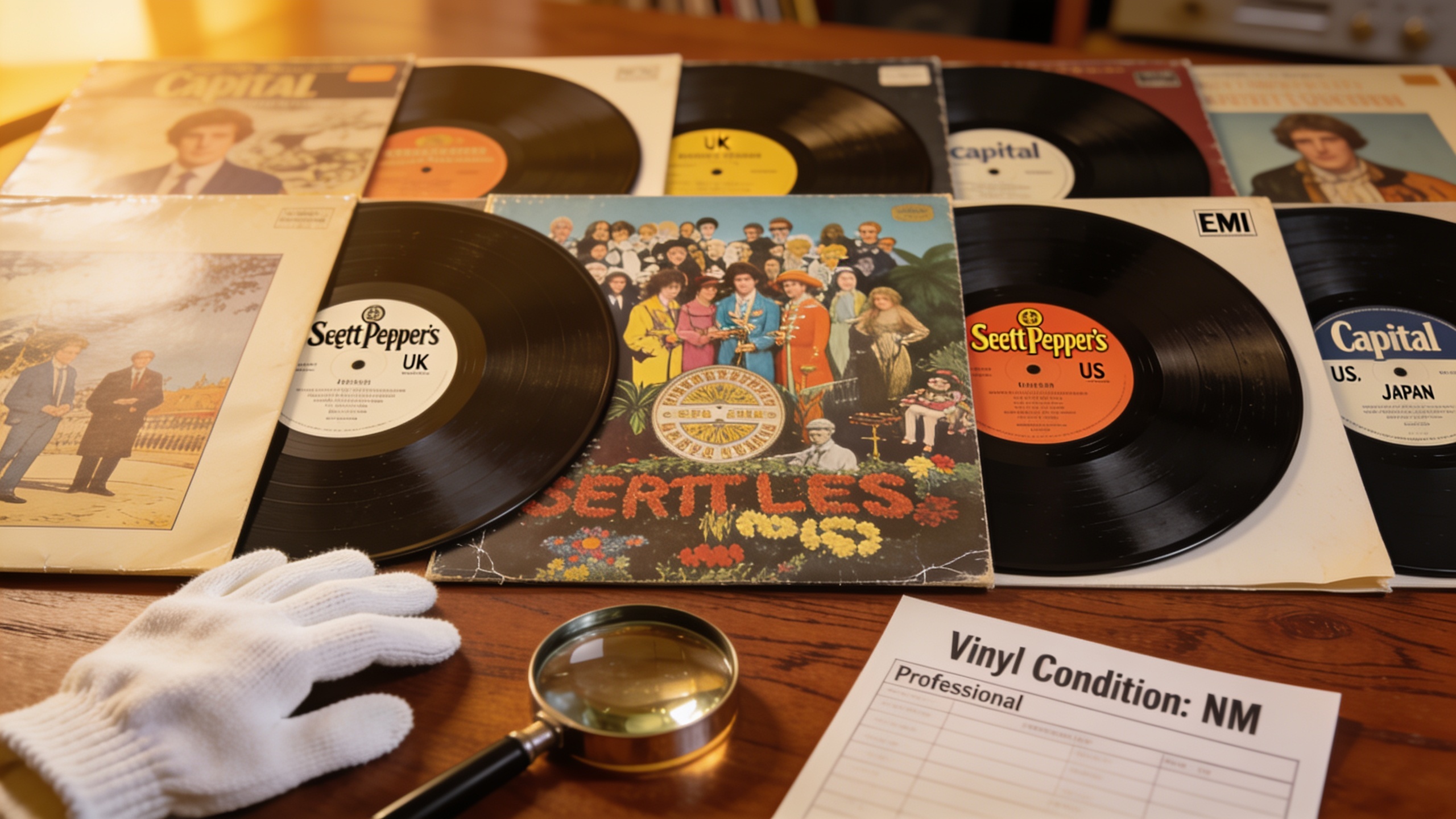 Photorealistic: Multiple Sgt. Pepper's vinyl variants arranged on rich mahogany surface, different pressing plants and countries represented, warm golden hour lighting, professional collector's evalua