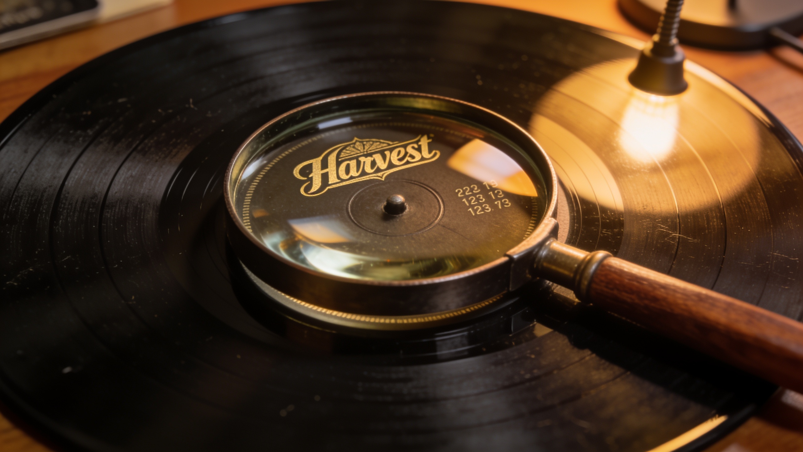Photorealistic: Extreme close-up of vinyl record label showing Harvest logo and matrix numbers etched in run-out groove, magnifying glass nearby, warm desk lamp lighting, detailed texture of vinyl sur