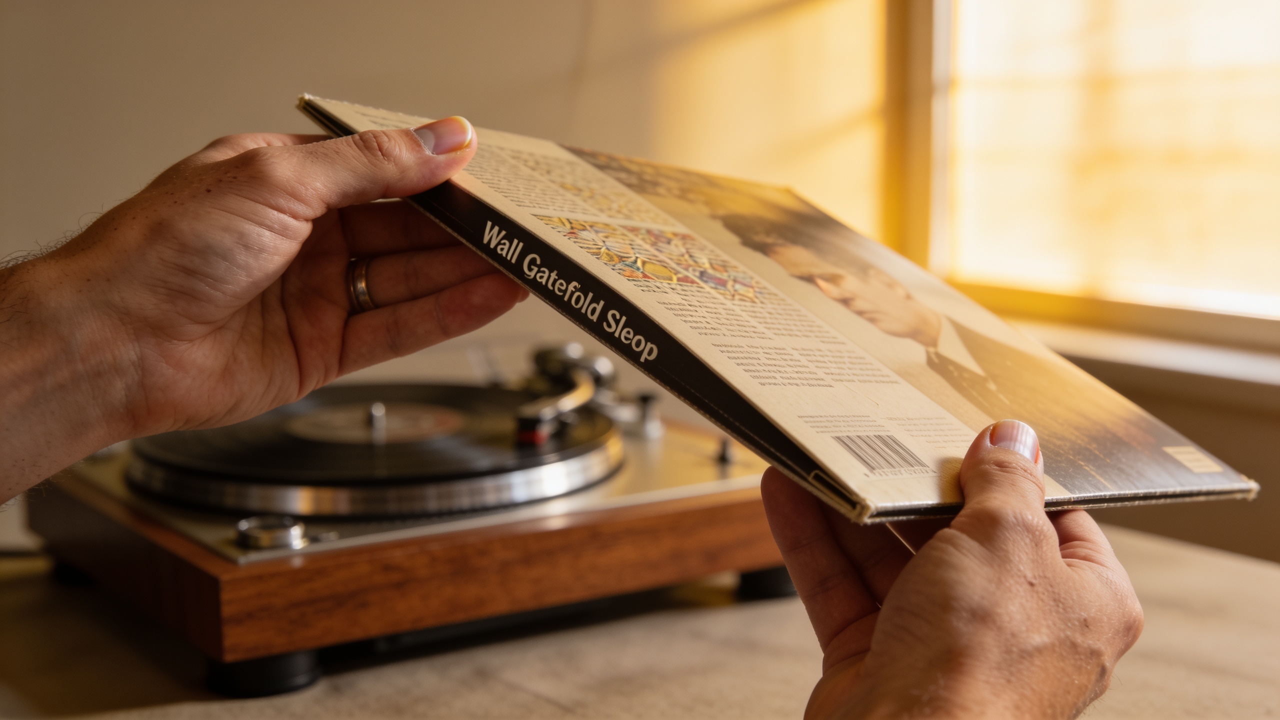 Photorealistic: Collector's hands carefully examining The Wall gatefold sleeve for ring wear and condition, vintage turntable in background, warm golden hour lighting streaming through window, detaile