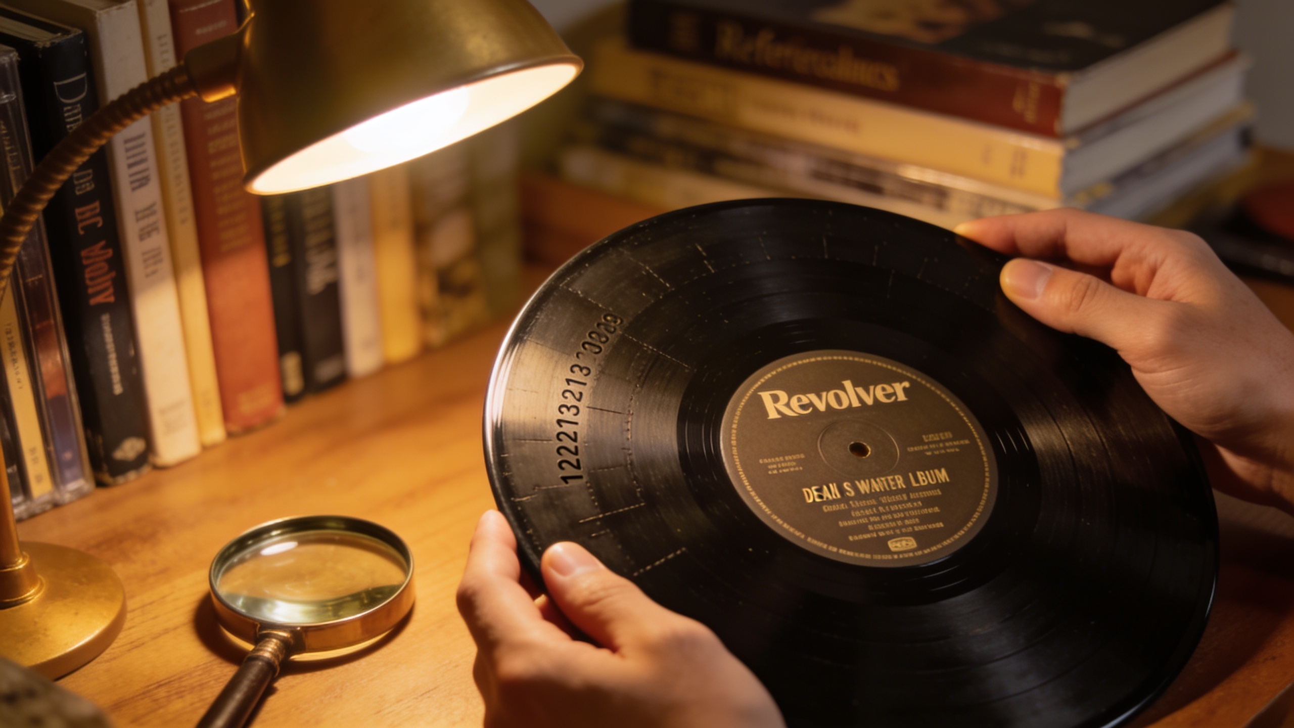 Photorealistic: Hands holding a Revolver vinyl record examining the matrix numbers in the dead wax area, magnifying glass nearby, warm desk lamp lighting, detailed label visible, collector's workspace