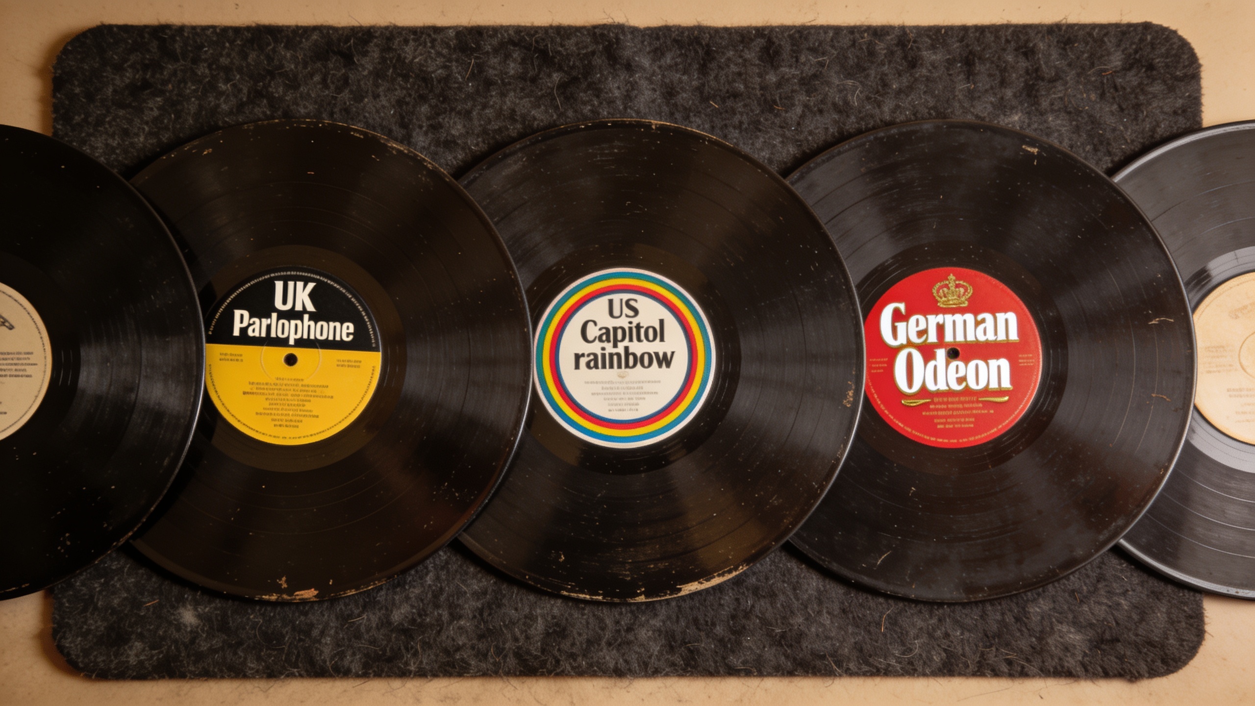 Photorealistic: Multiple Revolver pressings laid out side by side showing label variations - UK Parlophone, US Capitol rainbow, German Odeon - on a felt mat, even lighting to show condition difference