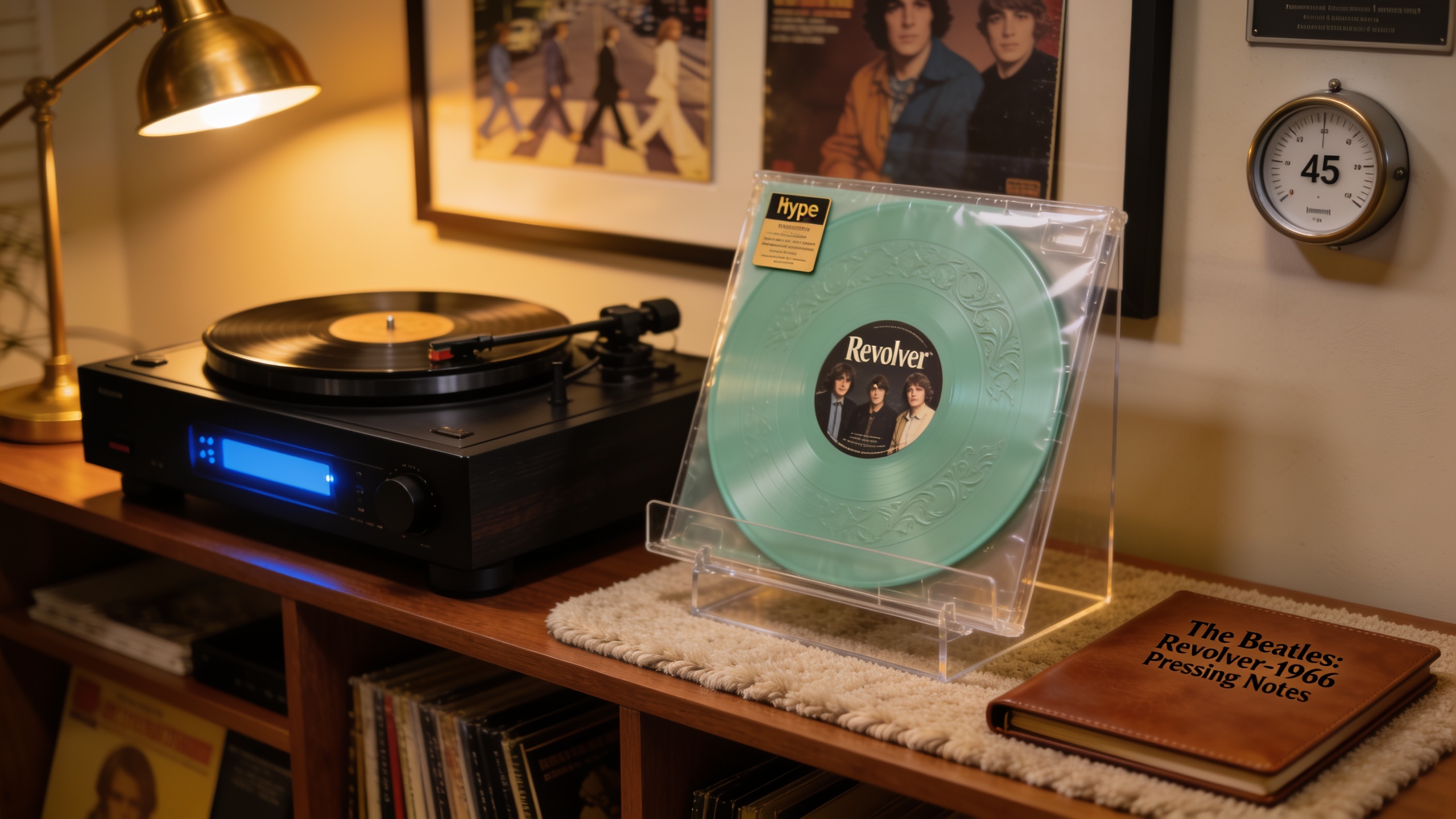 Photorealistic: Elegant record storage setup with Revolver vinyl in protective sleeve, climate-controlled environment, documentation folder nearby, professional collector's den atmosphere, warm ambien