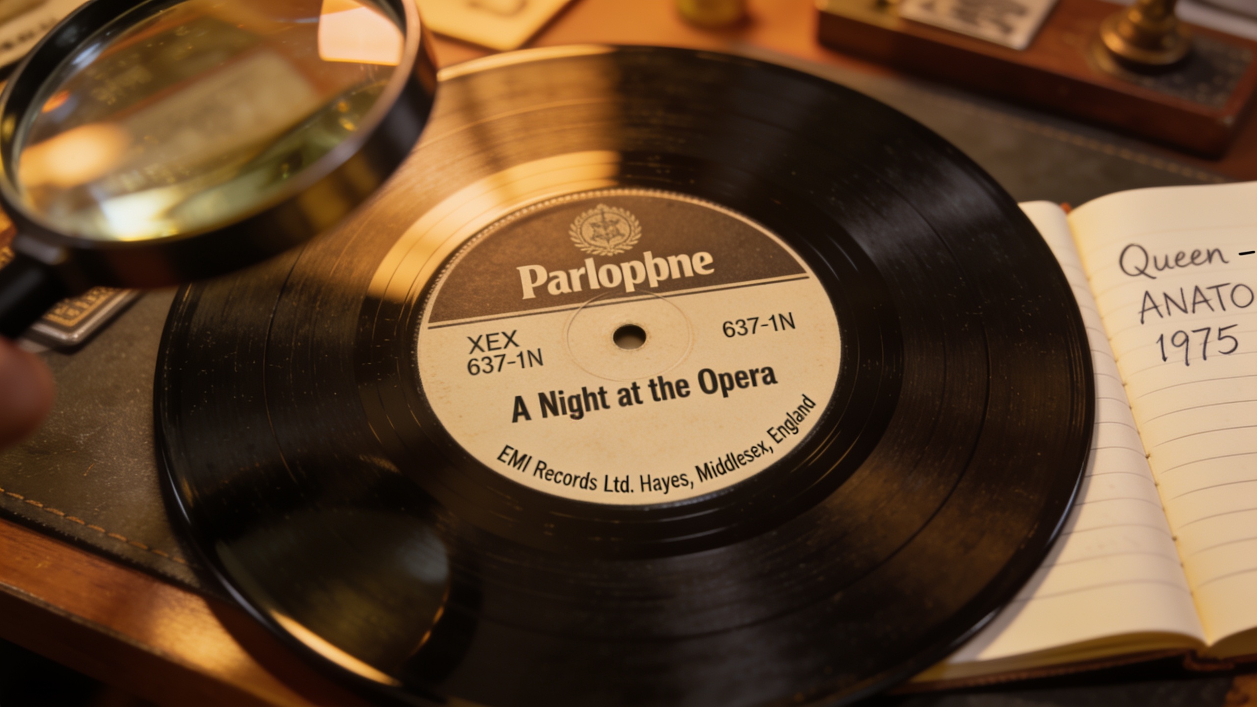 Photorealistic: Detailed macro shot of Parlophone label on A Night at the Opera vinyl, showing matrix numbers and pressing plant details, warm tungsten lighting, magnifying glass partially visible, co