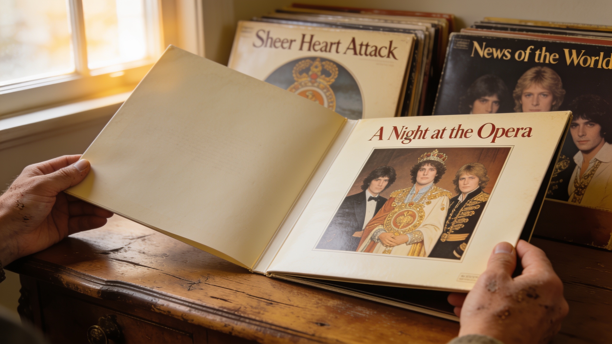 Photorealistic: Gatefold album cover of A Night at the Opera opened to reveal inner artwork, sitting on vintage wooden table, soft natural lighting from window, other Queen albums visible in backgroun
