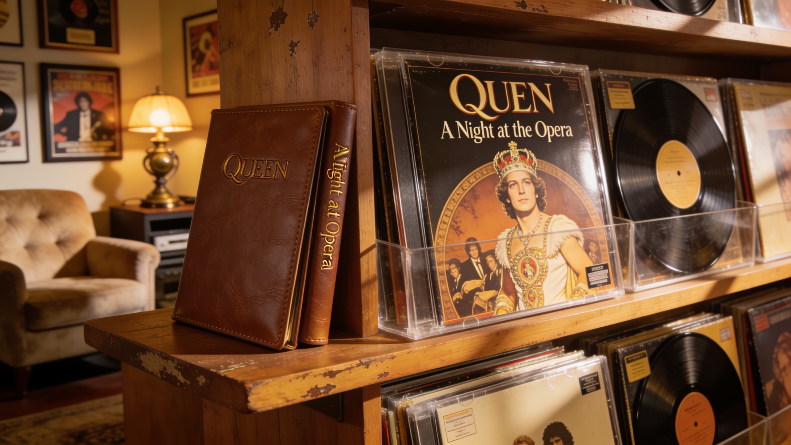 Photorealistic: Vinyl record collection shelf showing multiple Queen albums including A Night at the Opera, warm library lighting, leather-bound record guides visible, cozy collector's den atmosphere,