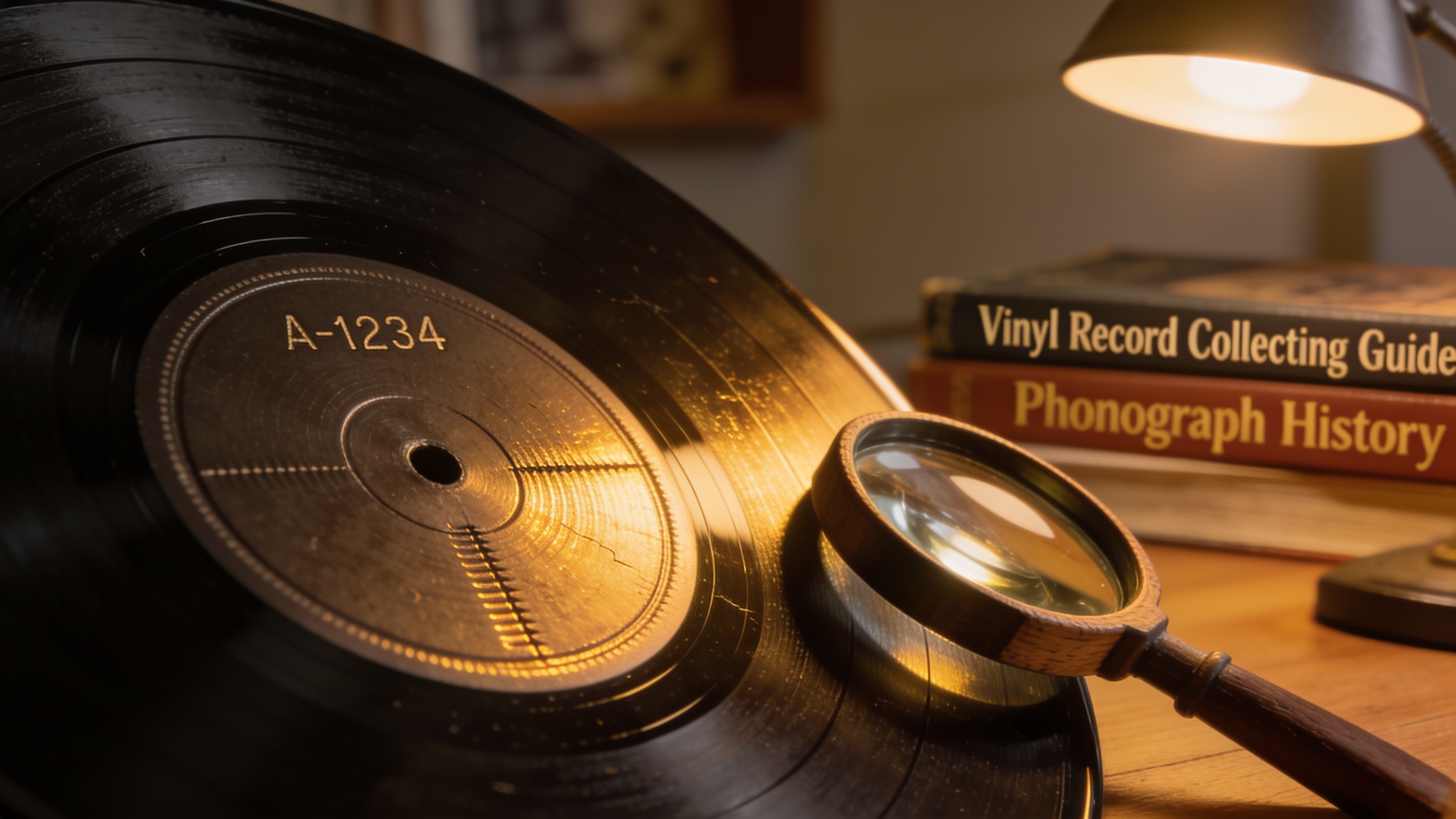 Photorealistic: Detailed macro shot of vinyl record runout groove area showing matrix numbers etched in the vinyl, magnifying glass nearby, warm tungsten lighting, collector's desk setup with referenc
