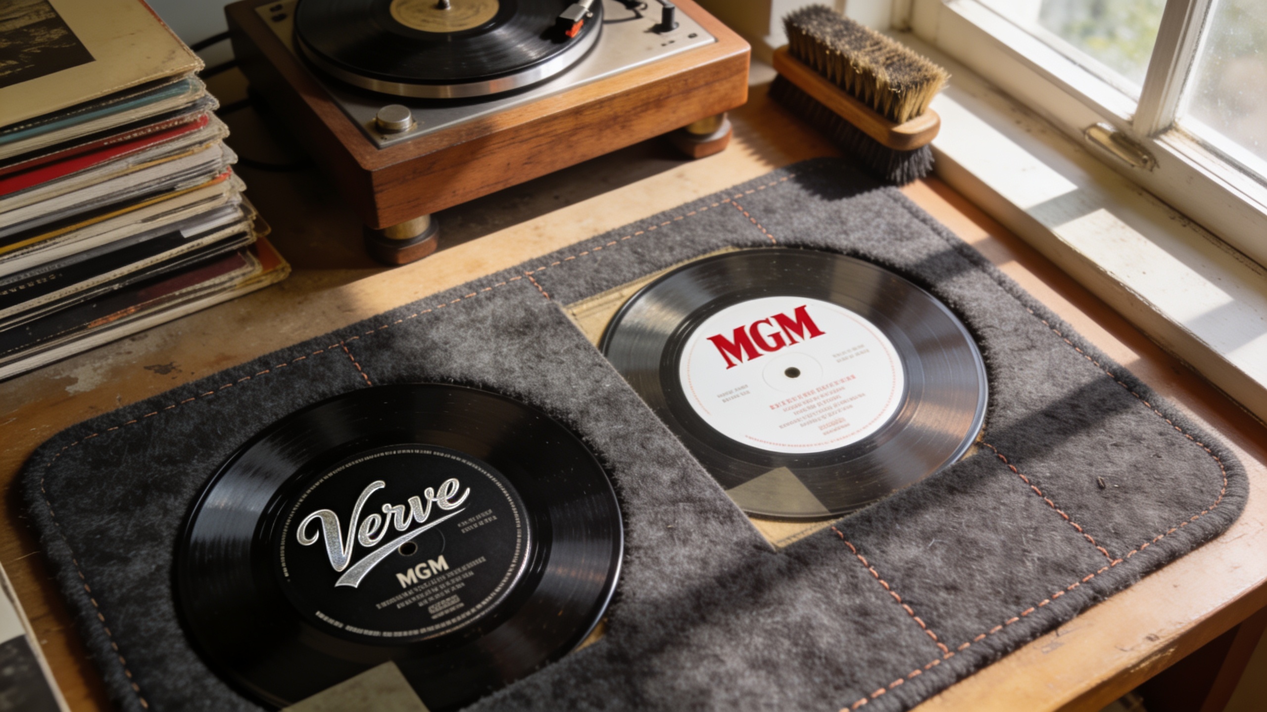 Photorealistic: Side-by-side comparison of original Verve label and later MGM reissue label on vinyl records, both partially visible on a felt turntable mat, natural daylight from window, authentic re