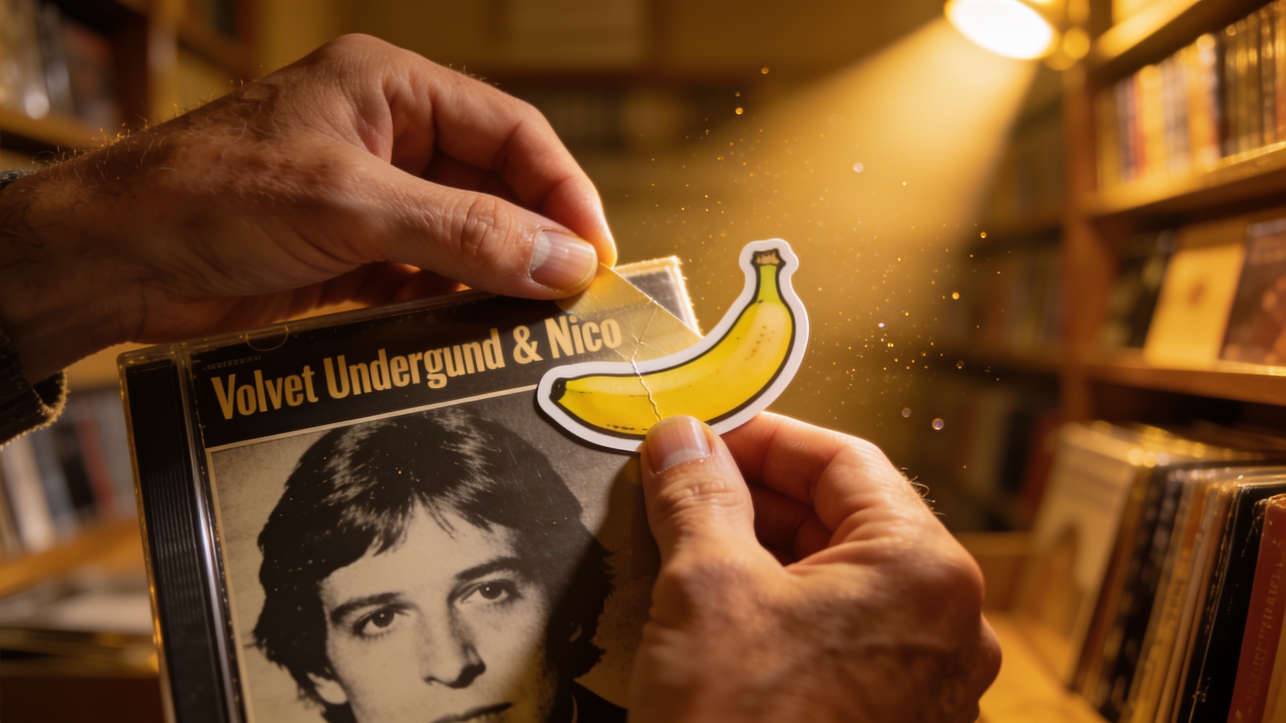 Photorealistic: Collector's hands carefully examining a Velvet Underground & Nico album cover, focusing on the banana sticker detail, warm library lighting, vintage record collection visible on shelve