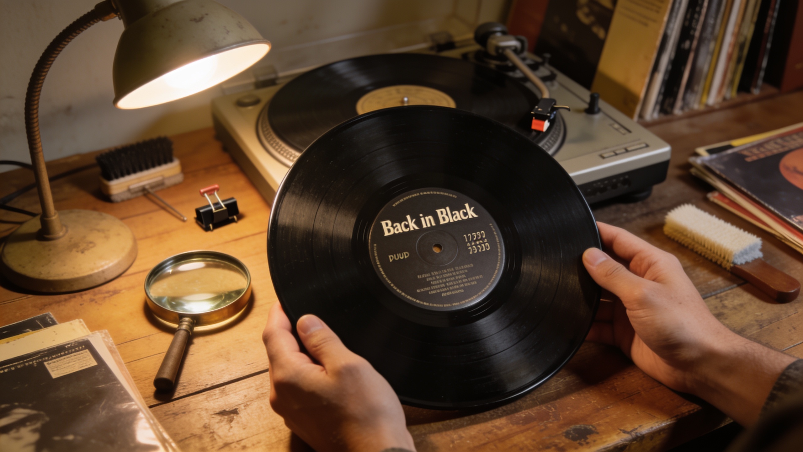 Photorealistic: Hands holding Back in Black vinyl showing label detail and matrix numbers in runout groove, magnifying glass nearby, warm desk lamp lighting, vintage record collecting tools scattered 