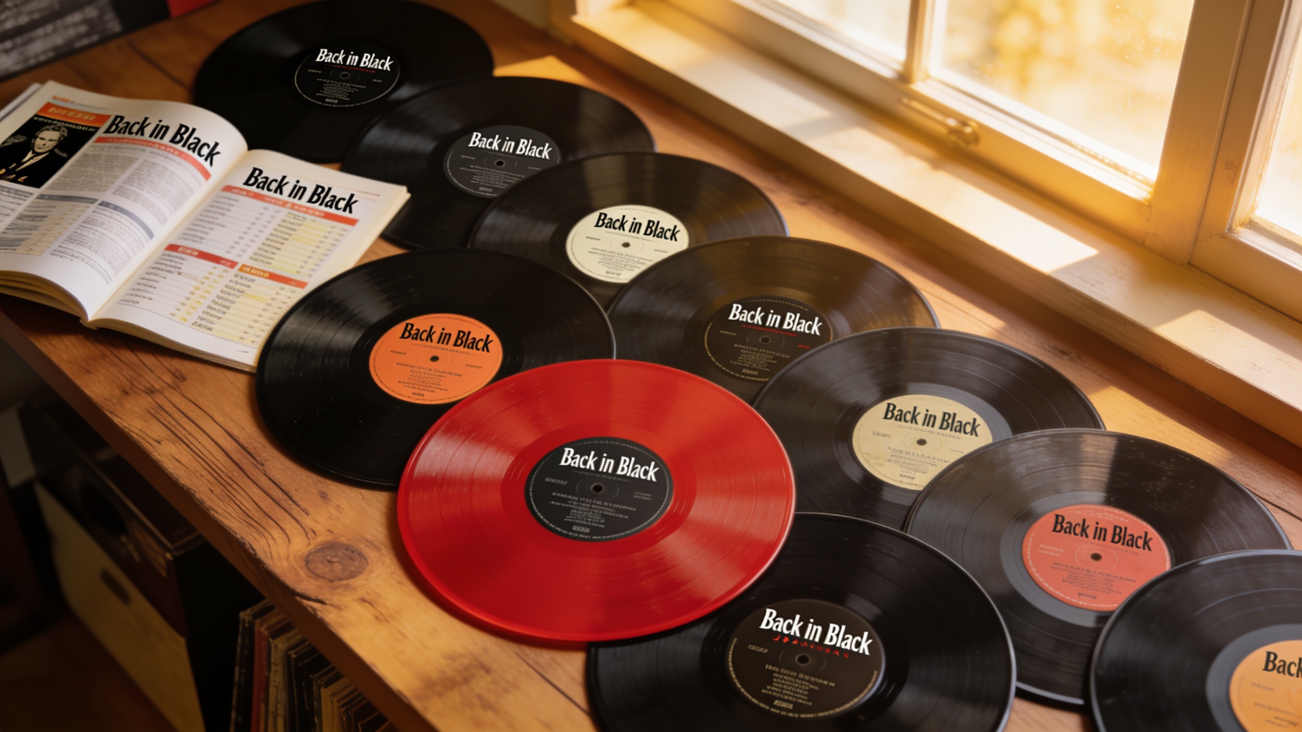 Photorealistic: Multiple Back in Black pressings laid out side by side showing different label variations, Japanese red vinyl prominently featured, soft natural lighting from window, wooden surface, c