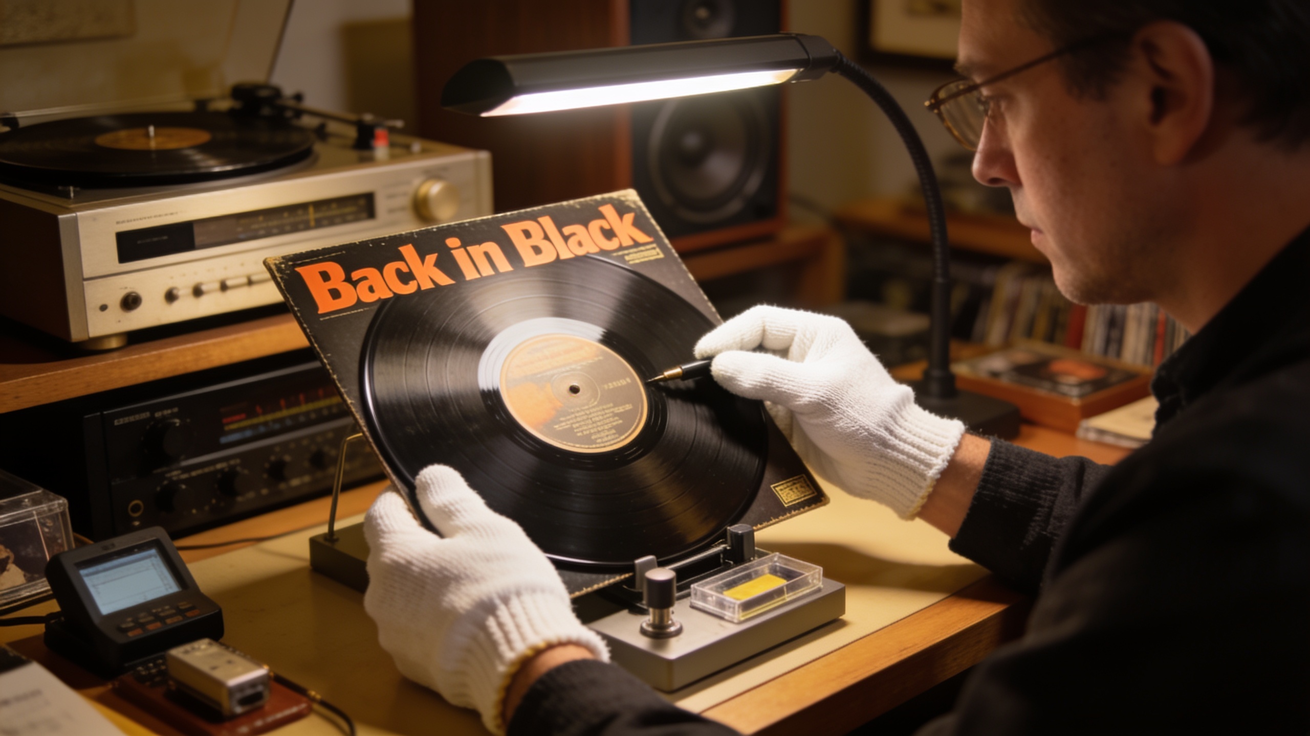 Photorealistic: Collector examining Back in Black vinyl condition with white cotton gloves, professional grading setup with proper lighting, condition assessment tools, warm ambient lighting, serious 