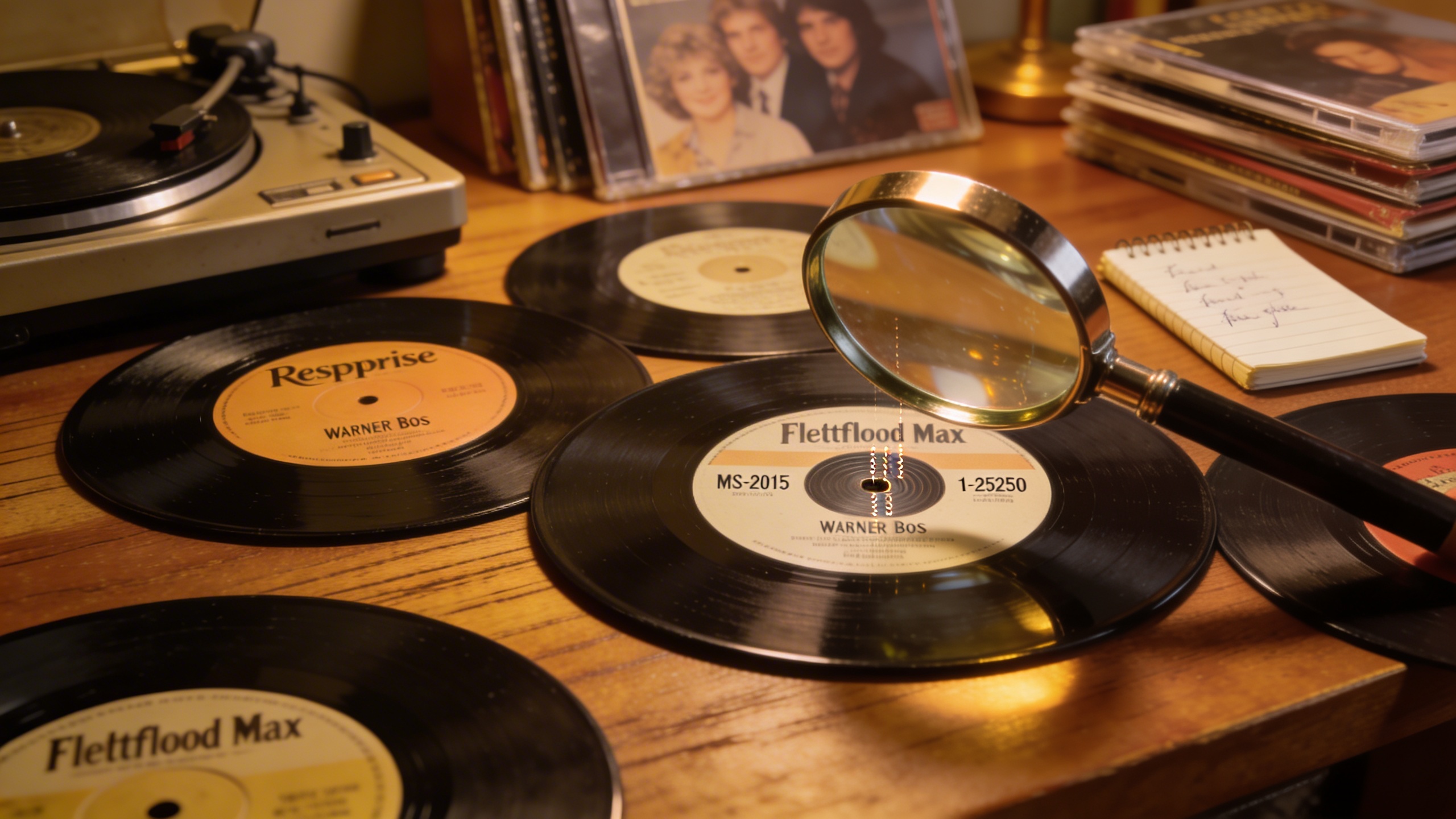 Photorealistic: Multiple Fleetwood Mac vinyl records spread on wooden surface showing different label variants and catalog numbers, warm incandescent lighting, magnifying glass examining matrix number