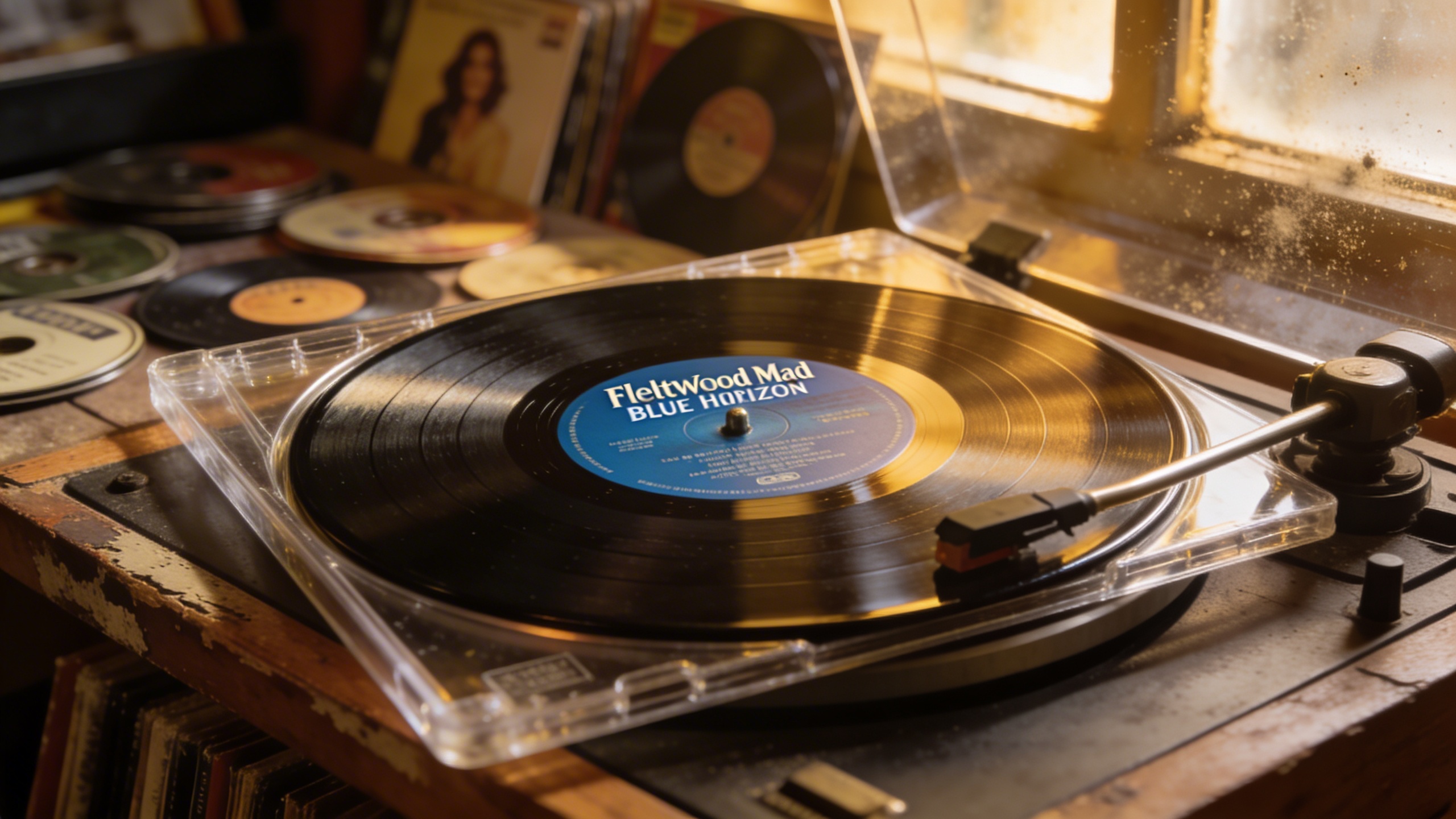 Photorealistic: Pristine condition early Fleetwood Mac Blue Horizon pressing in protective sleeve, dramatic side lighting emphasizing vinyl texture and label details, vintage record store ambiance wit