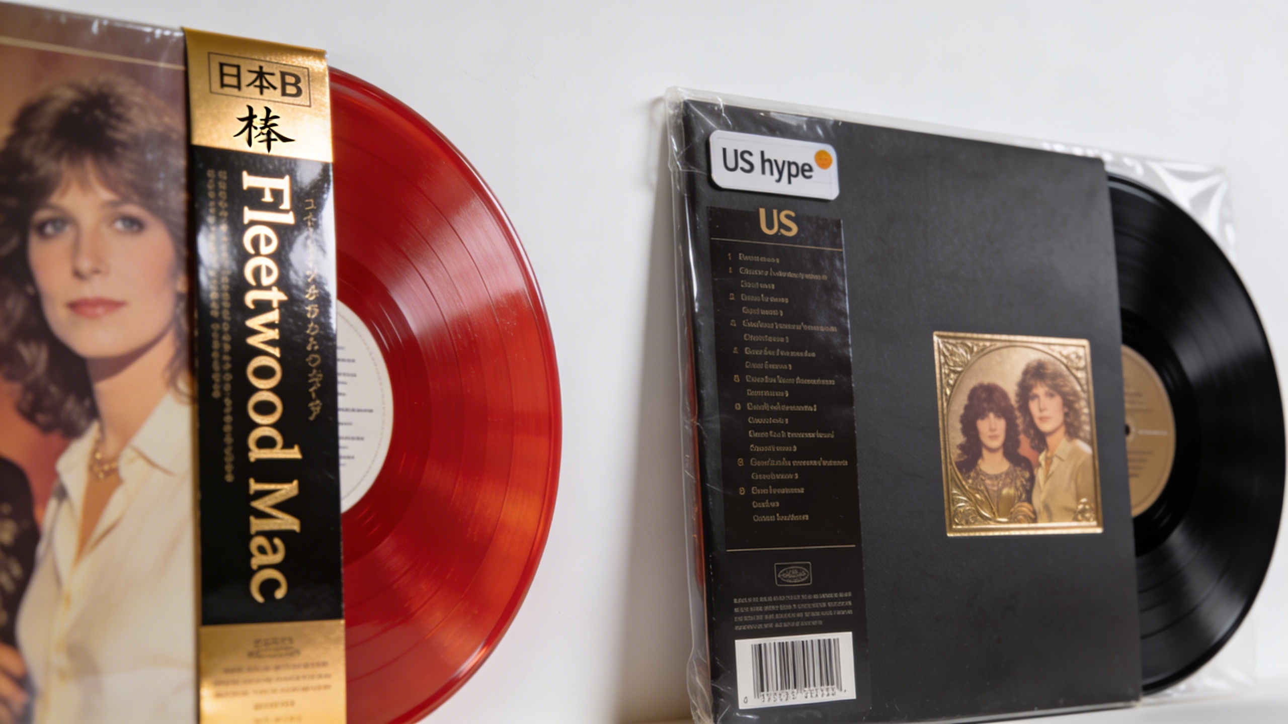 Photorealistic: Japanese Fleetwood Mac pressing with OBI strip alongside US version for comparison, soft natural lighting, clean minimalist background, focus on packaging differences and quality detai