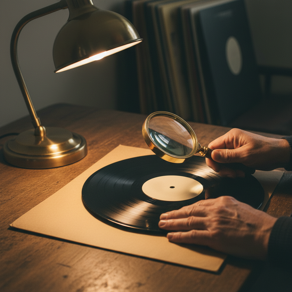 Collector examining the run-out matrix of an LP with a magnifying glass: grading Led Zeppelin vinyl